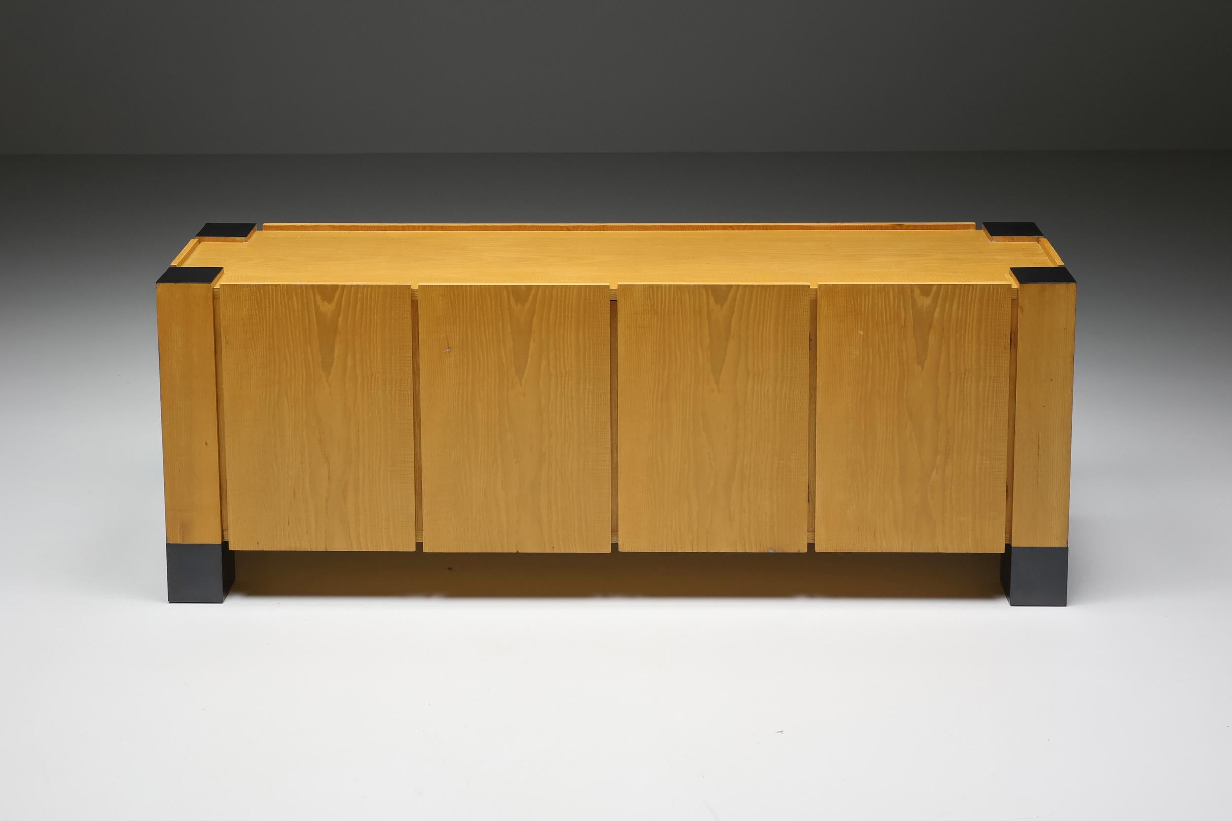 Post-modern; Italian design; Roberto Pamio and Renato Toso; sideboard; Credenza; Room divider, Italy, 1970's

Post-modern Italian credenza in wood with black-painted wooden pillars. A great and rare piece by the avant-garde designers Roberto Pamio