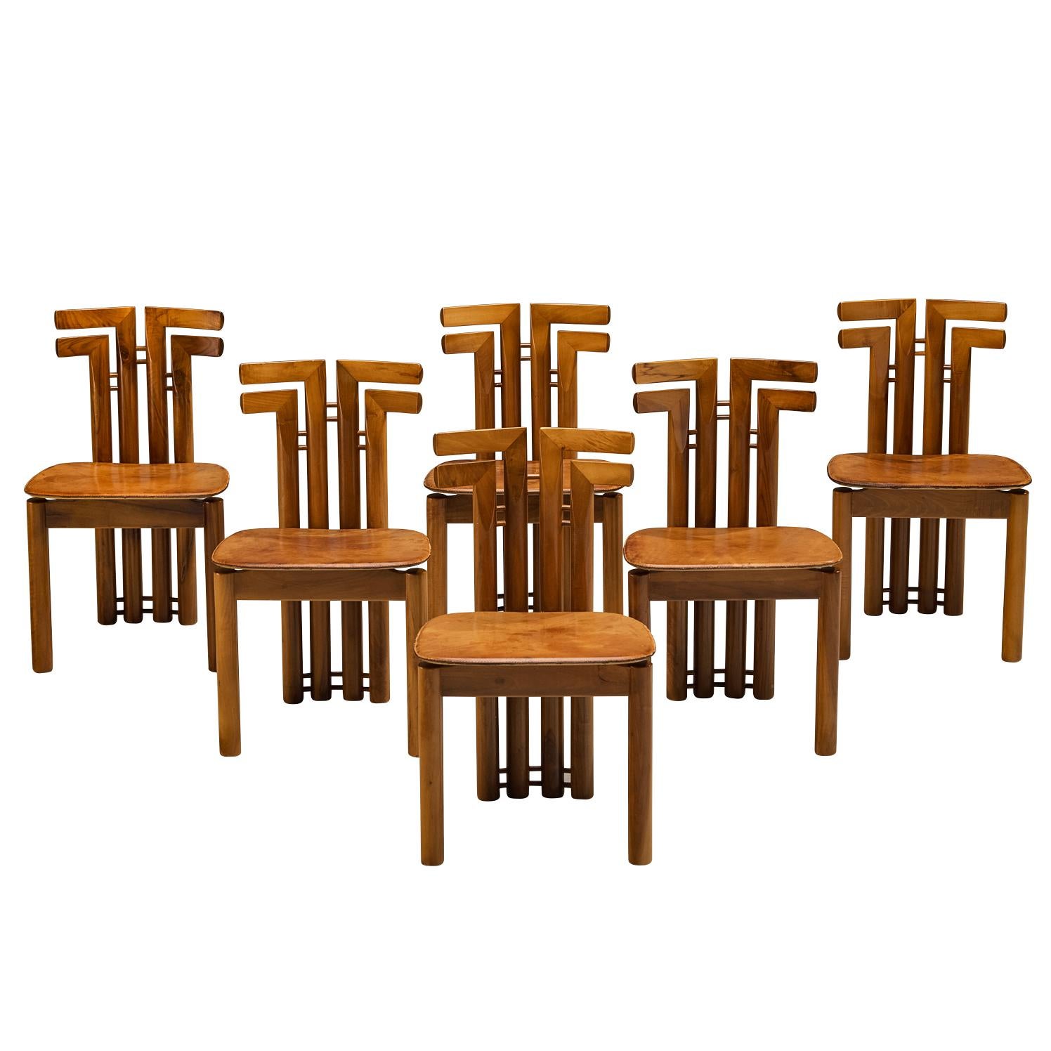 Post-Modern Italian Dining Chairs in Walnut and Cognac Leather