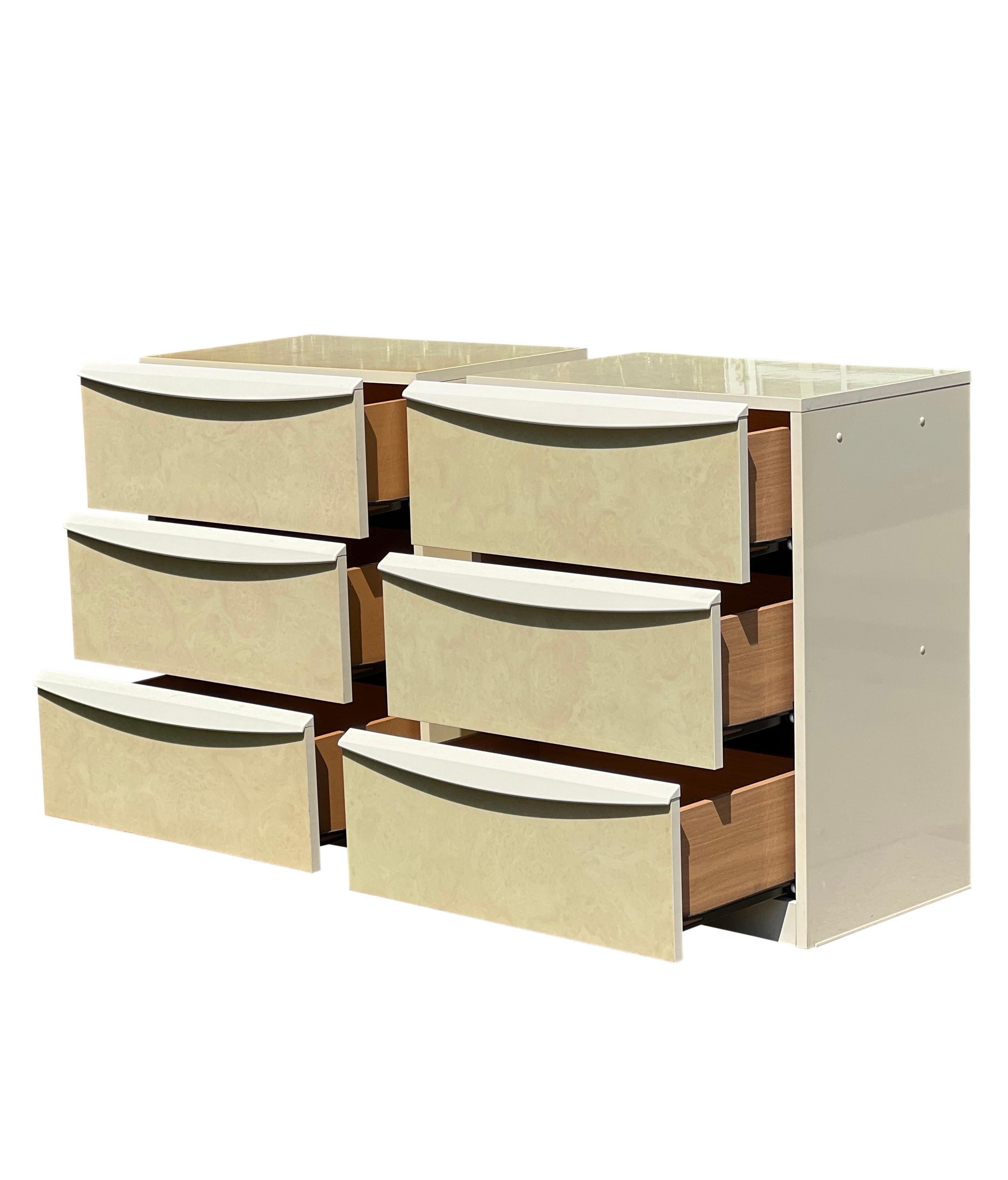 Post-Modern Post Modern Italian Faux Burl Ivory Lacquered Chests or Nightstands, a Pair For Sale