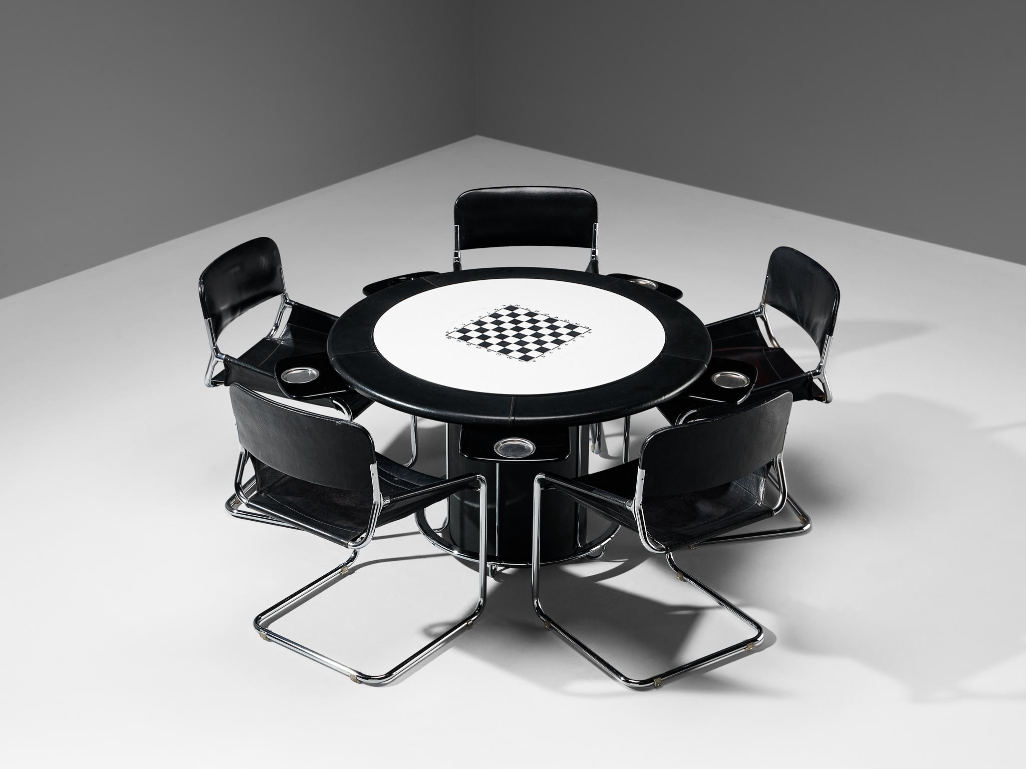 Game table with chairs, leather, faux leather, coated steel, chrome-plated steel, felt, laminate, plastic, aluminum, Italy, 1970s

This set, comprising a game table and its accompanying chairs, captures the essence of postmodern design prevalent in