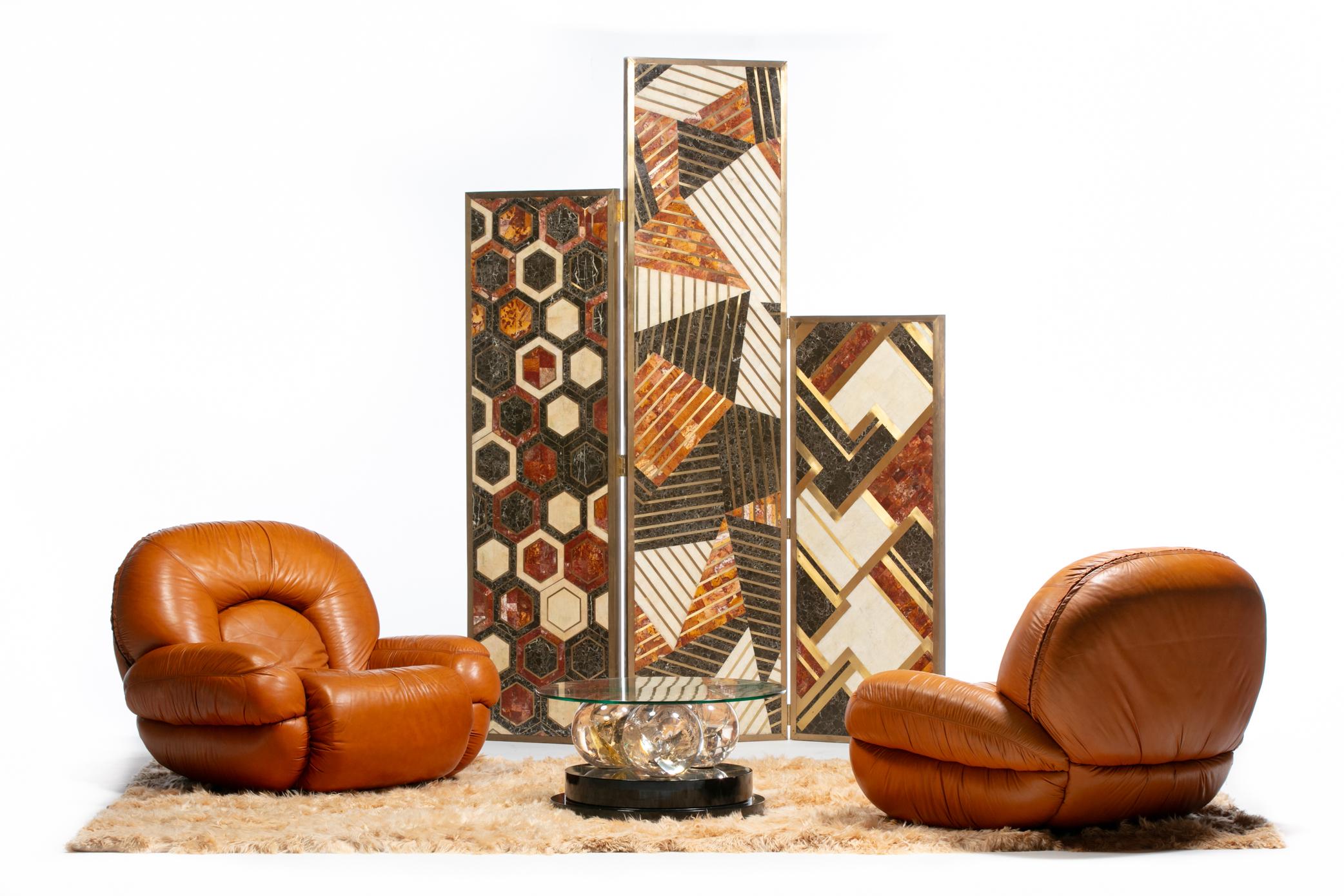 Post-Modern Post Modern Italian Leather Lounge Chairs in Butterscotch Carmel Leather c. 1980 For Sale