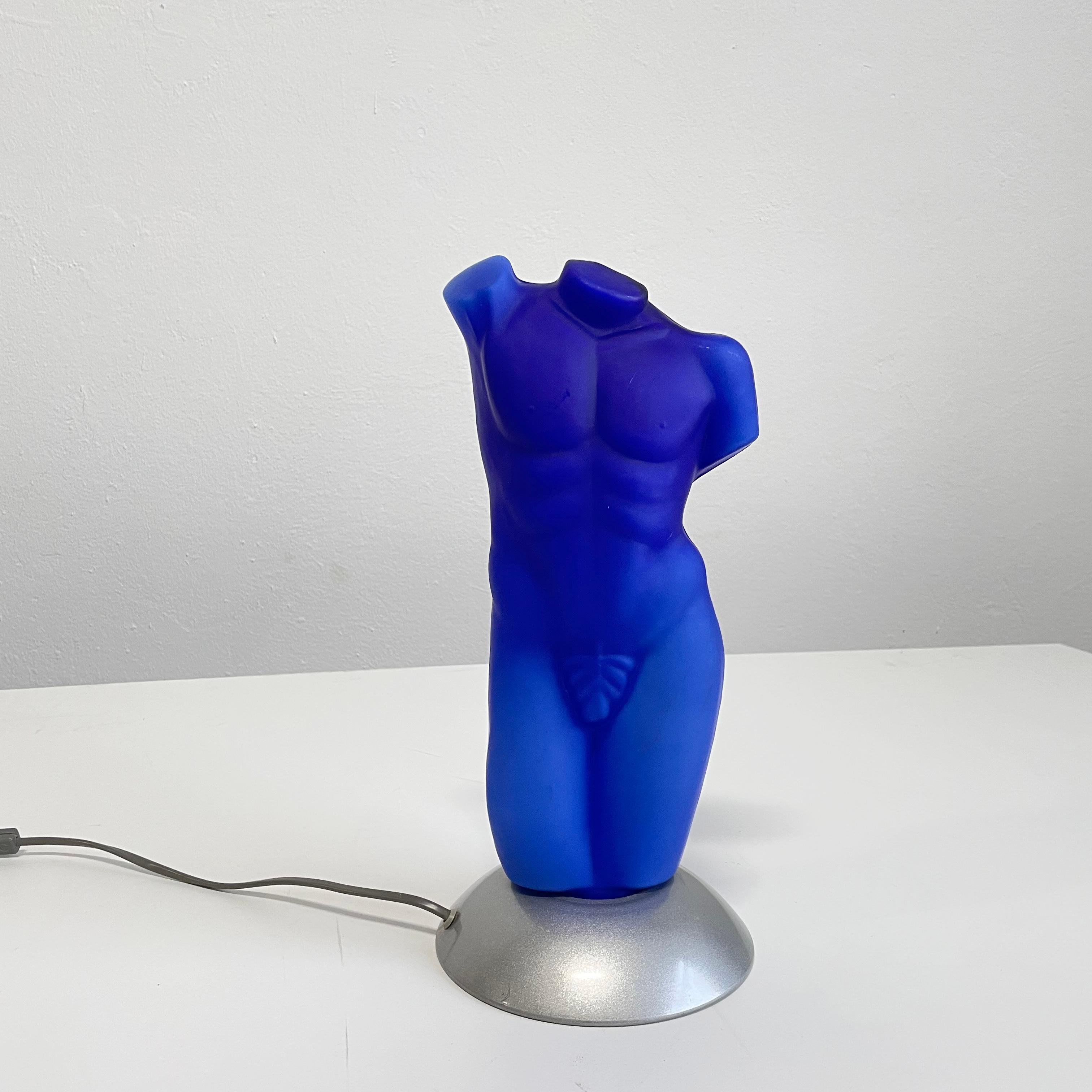 20th Century Post Modern Italian Male Torso Table Lamp in Frosted Blue Glass, Sculptural Lamp