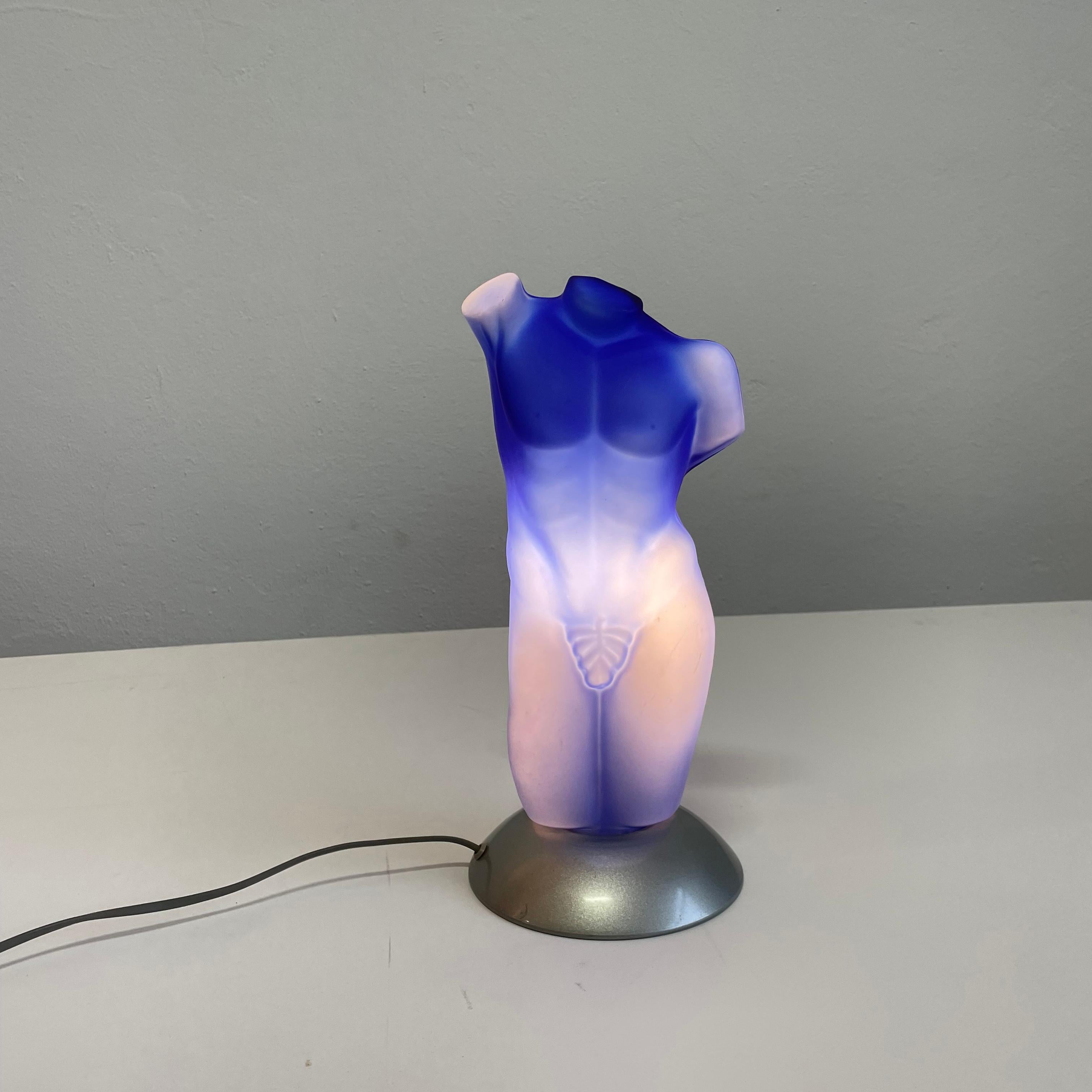 Metal Post Modern Italian Male Torso Table Lamp in Frosted Blue Glass, Sculptural Lamp