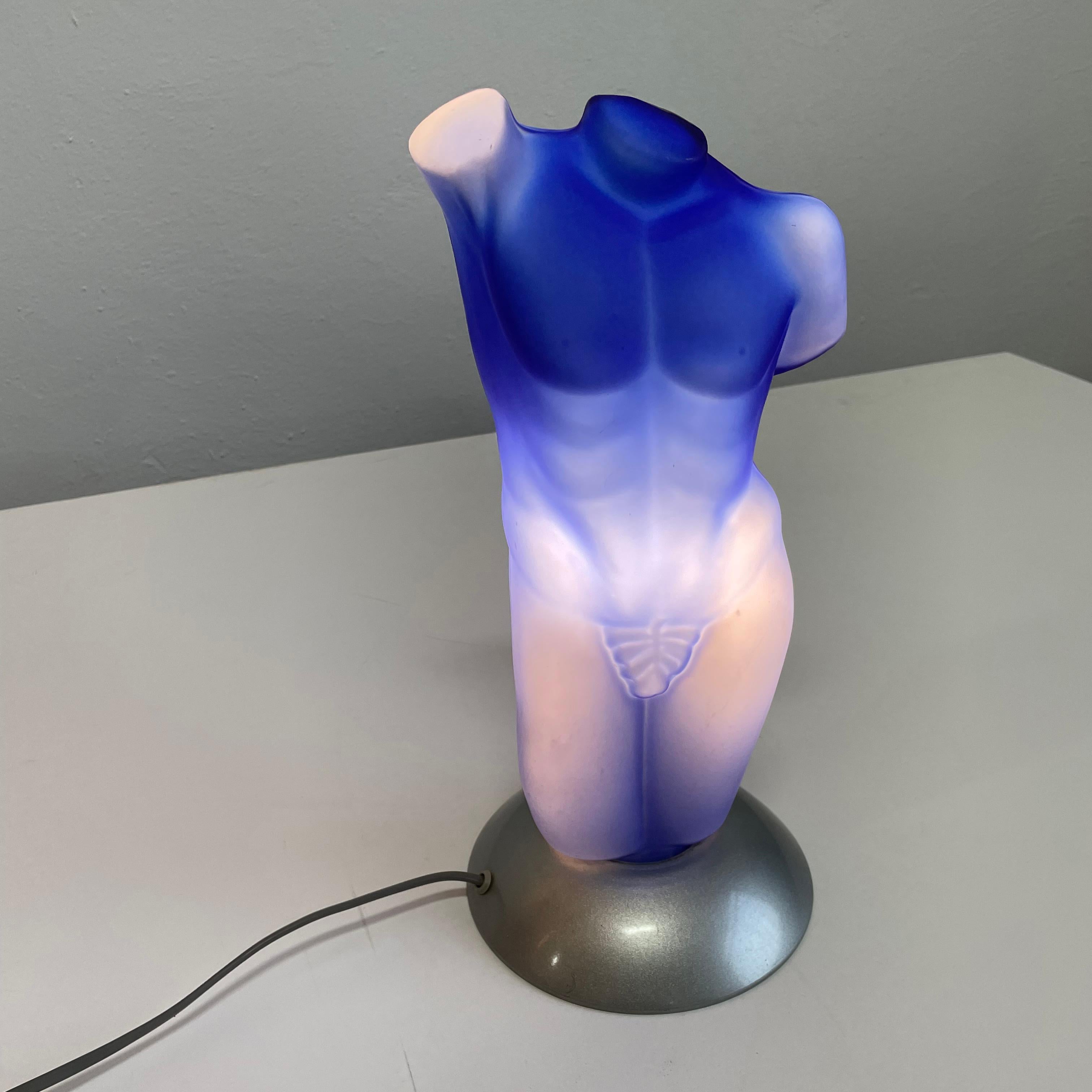 Post Modern Italian Male Torso Table Lamp in Frosted Blue Glass, Sculptural Lamp 1
