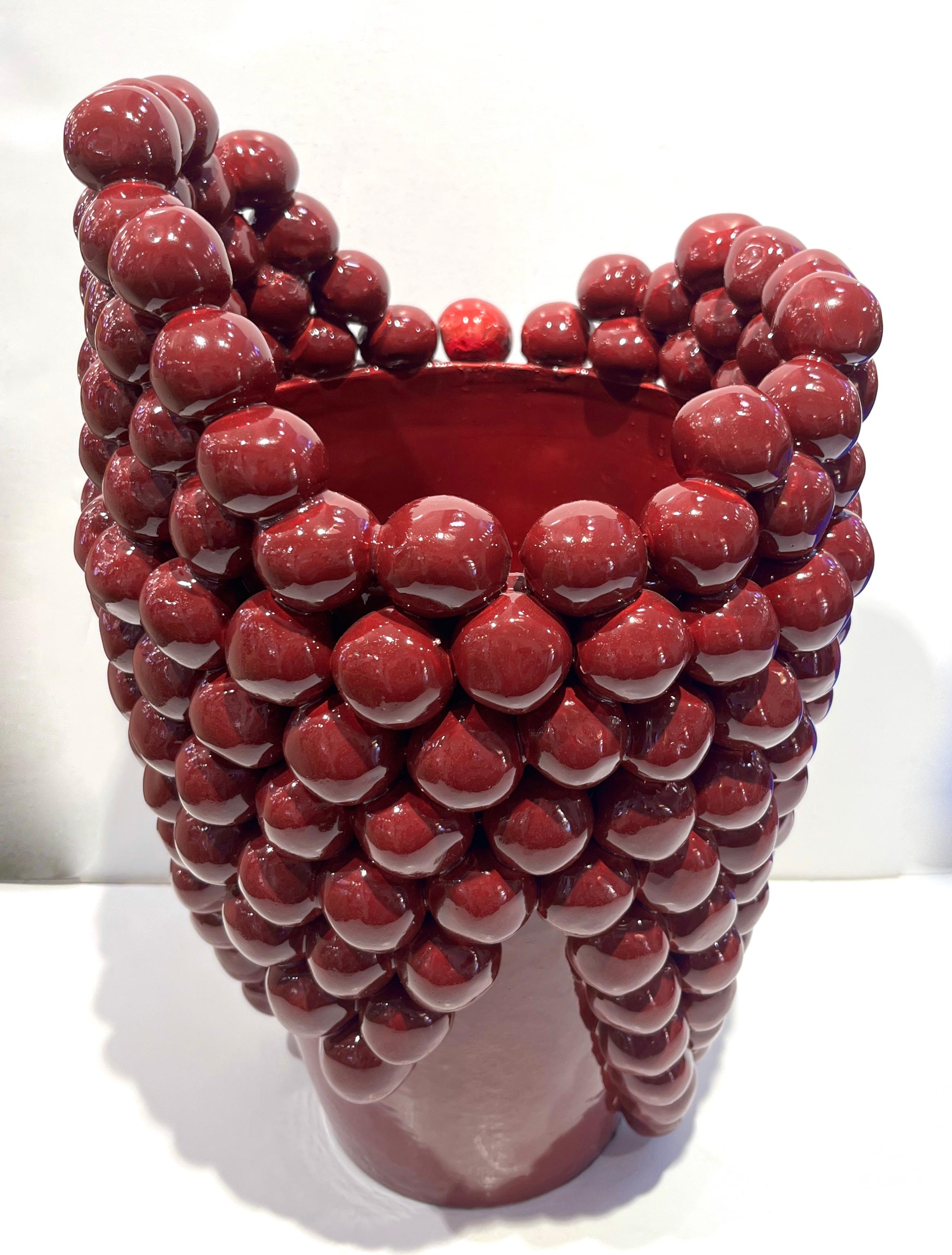 Post-Modern Italian Pair Sculptural Ceramic Dark Wine Vases with Grapevine Decor For Sale 11