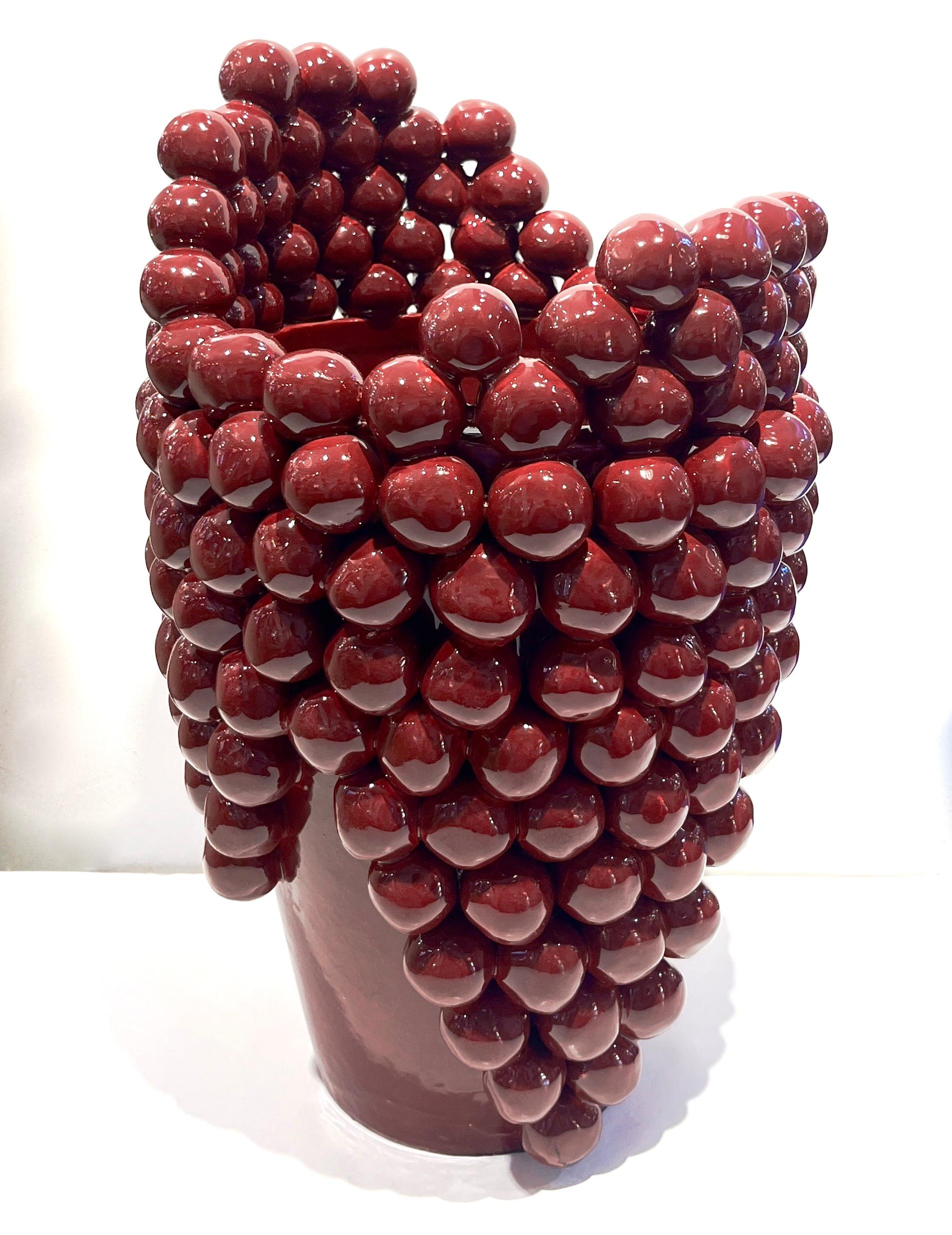 Post-Modern Italian Pair Sculptural Ceramic Dark Wine Vases with Grapevine Decor In Excellent Condition For Sale In New York, NY