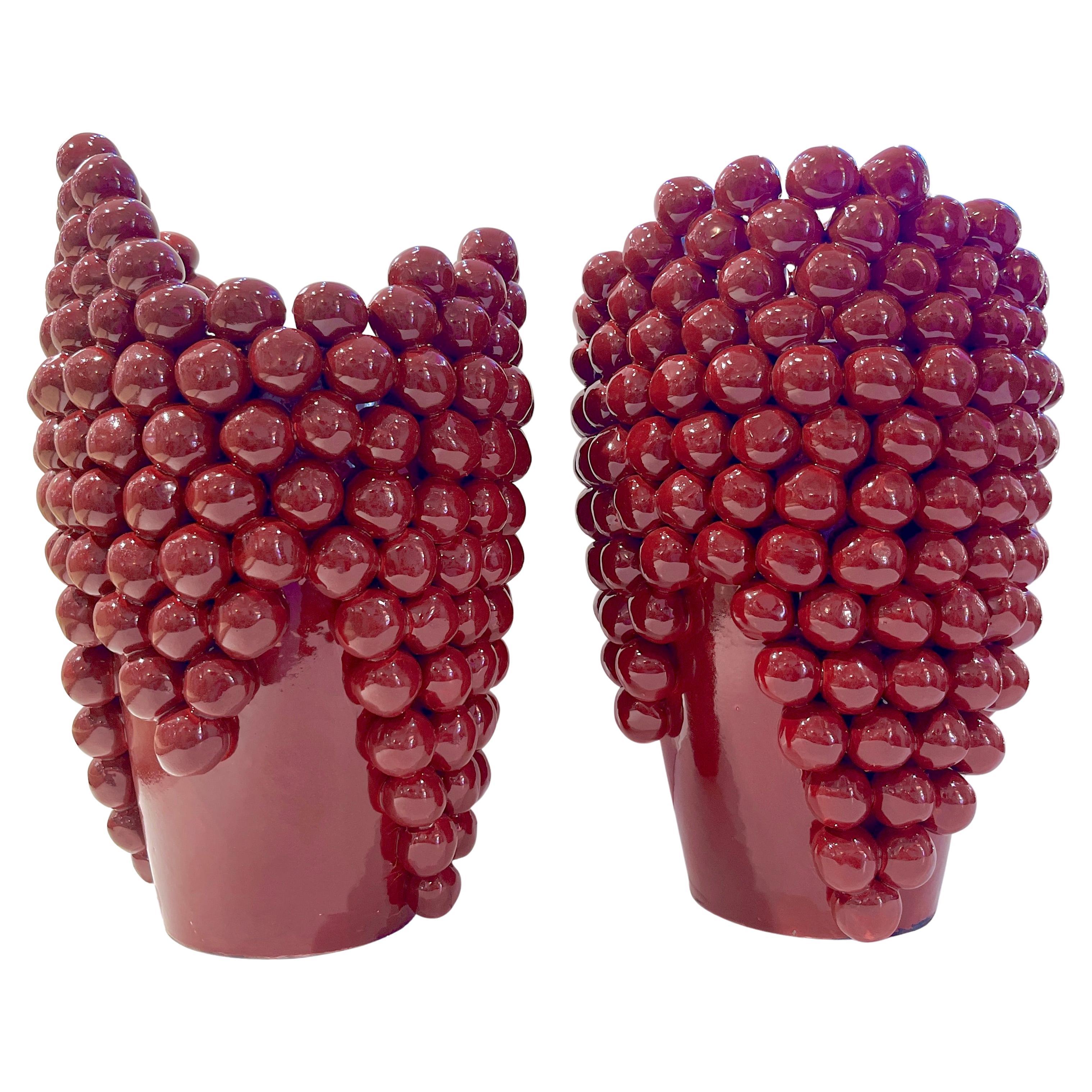 Post-Modern Italian Pair Sculptural Ceramic Dark Wine Vases with Grapevine Decor For Sale