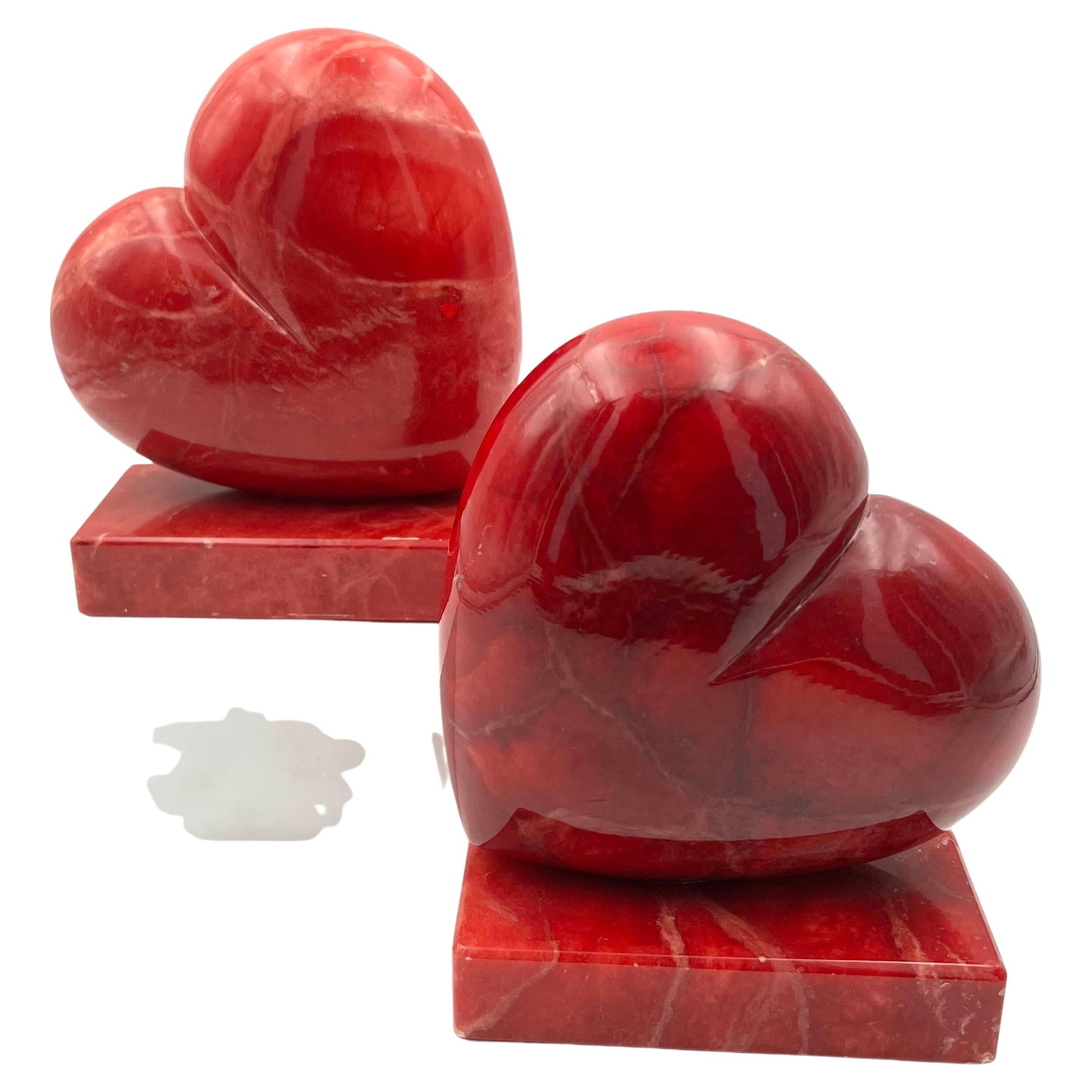 Post Modern Italian Red Hearths Bookends in Red Alabaster Stone