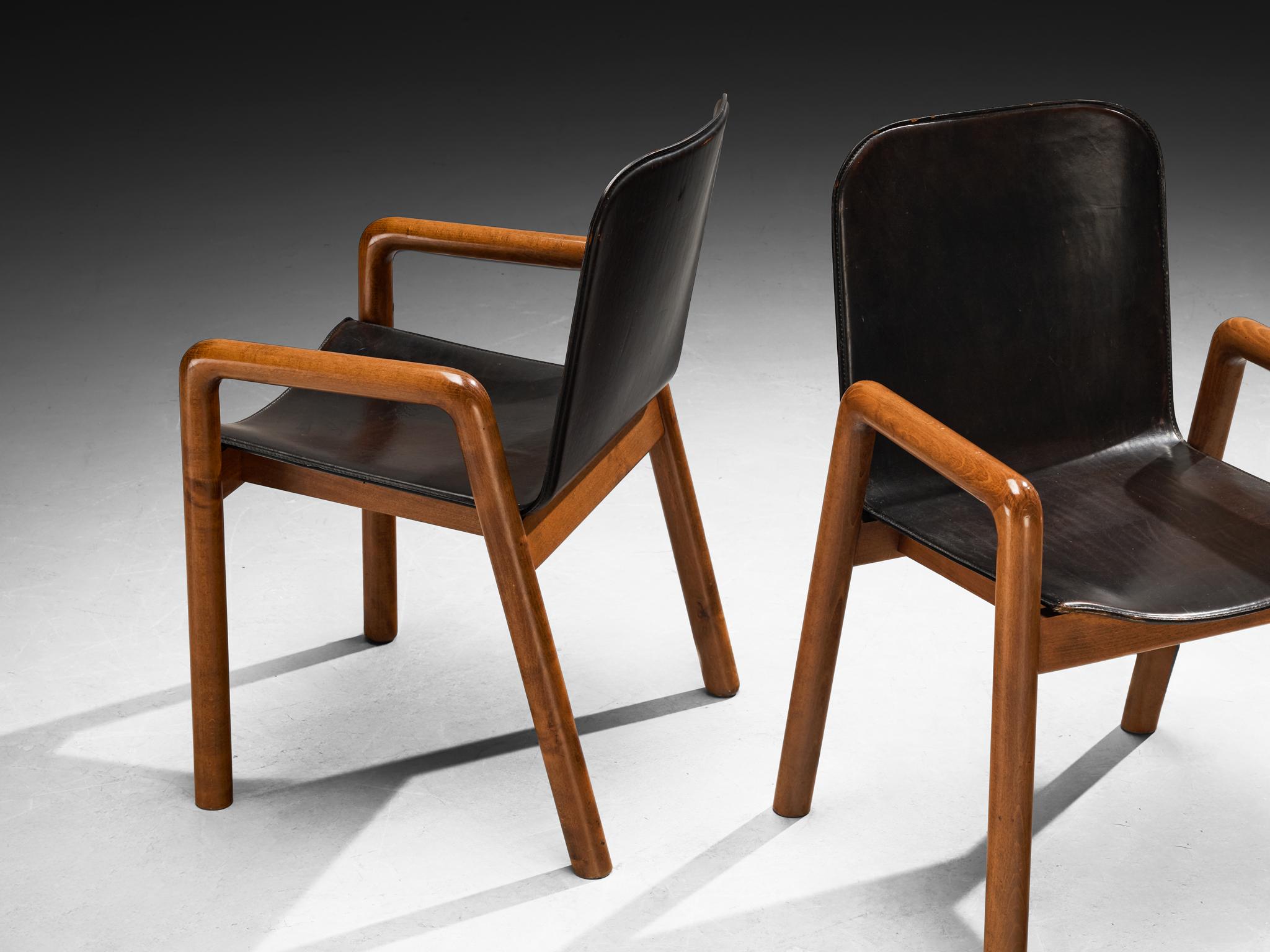 Late 20th Century Post-Modern Italian Set of Ten Dining Chairs in Leather and Wood For Sale