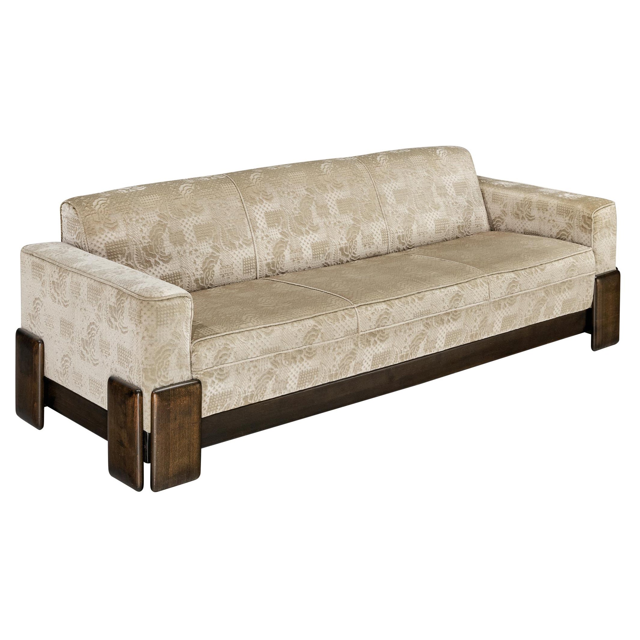 Divano italiano post-moderno in Wood e tappezzeria in velluto color crema in vendita