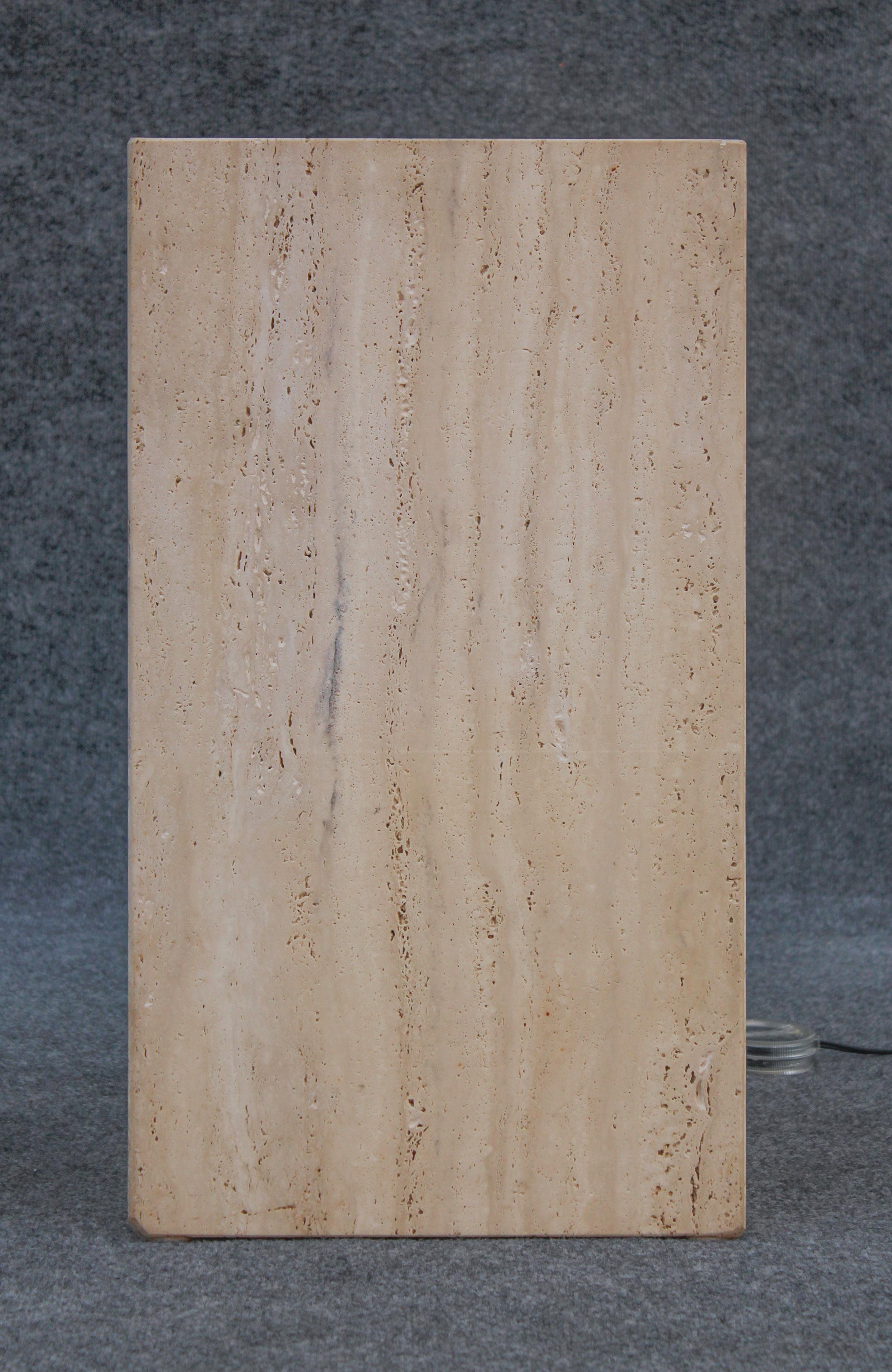 Late 20th Century Post-Modern Italian Travertine Marble Frosted Glass Illuminated Pedestal For Sale