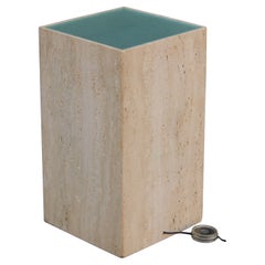 Post-Modern Italian Travertine Marble Frosted Glass Illuminated Pedestal