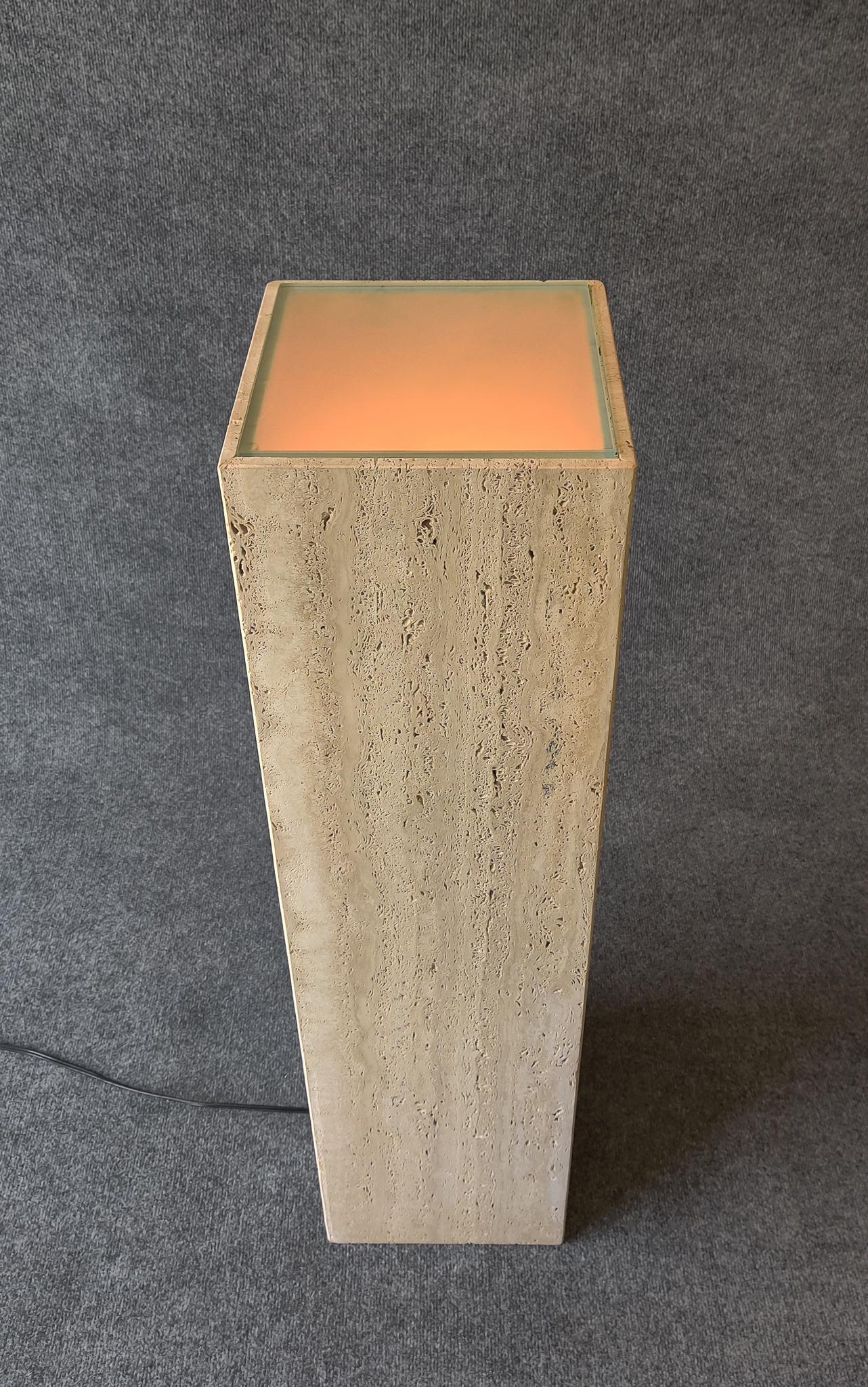 Glass Post-Modern Italian Travertine Marble Illuminated Pedestal by Maurice Villency