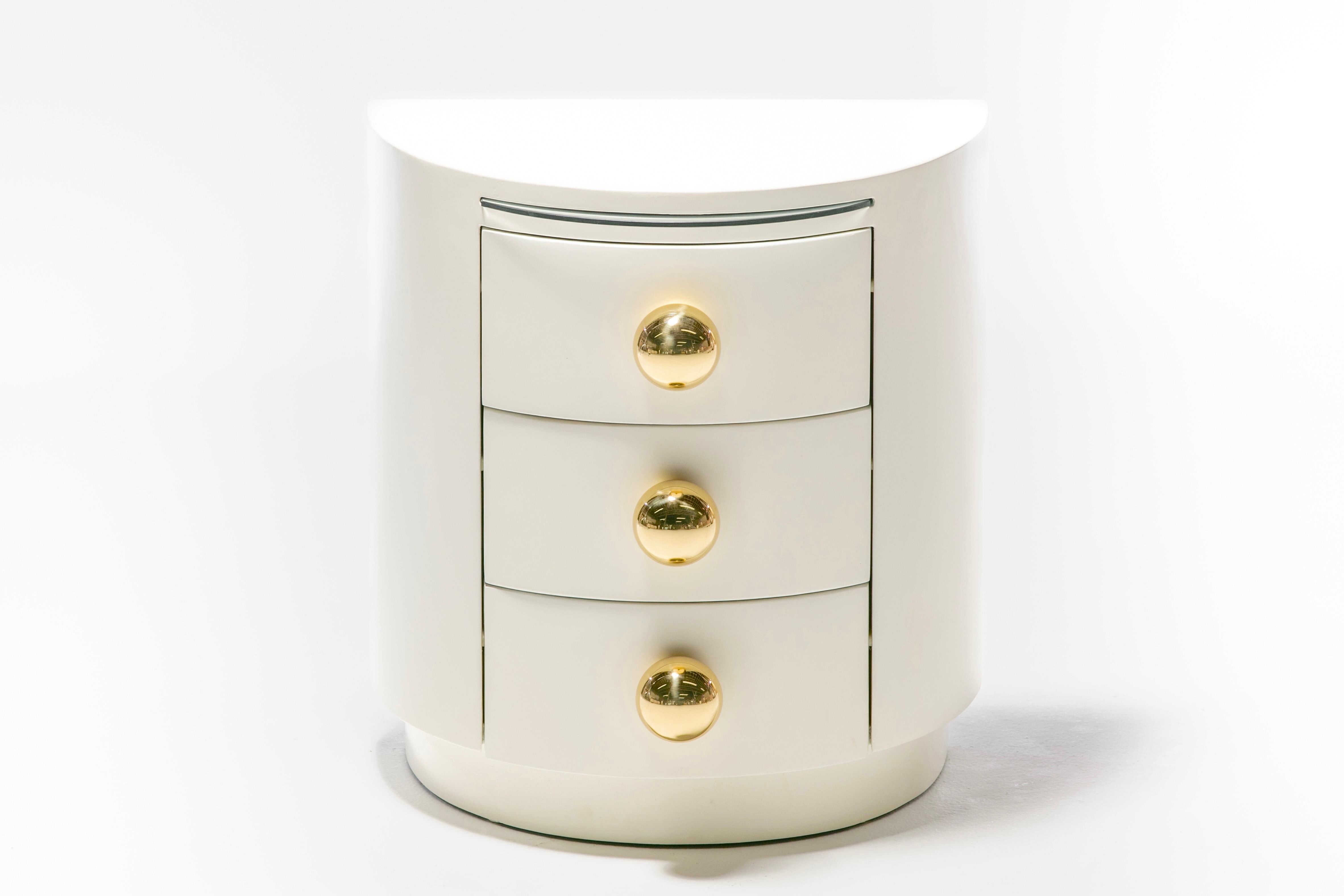 American Post Modern Ivory Lacquered Night Stands with Dramatic Polished Brass Hardware For Sale