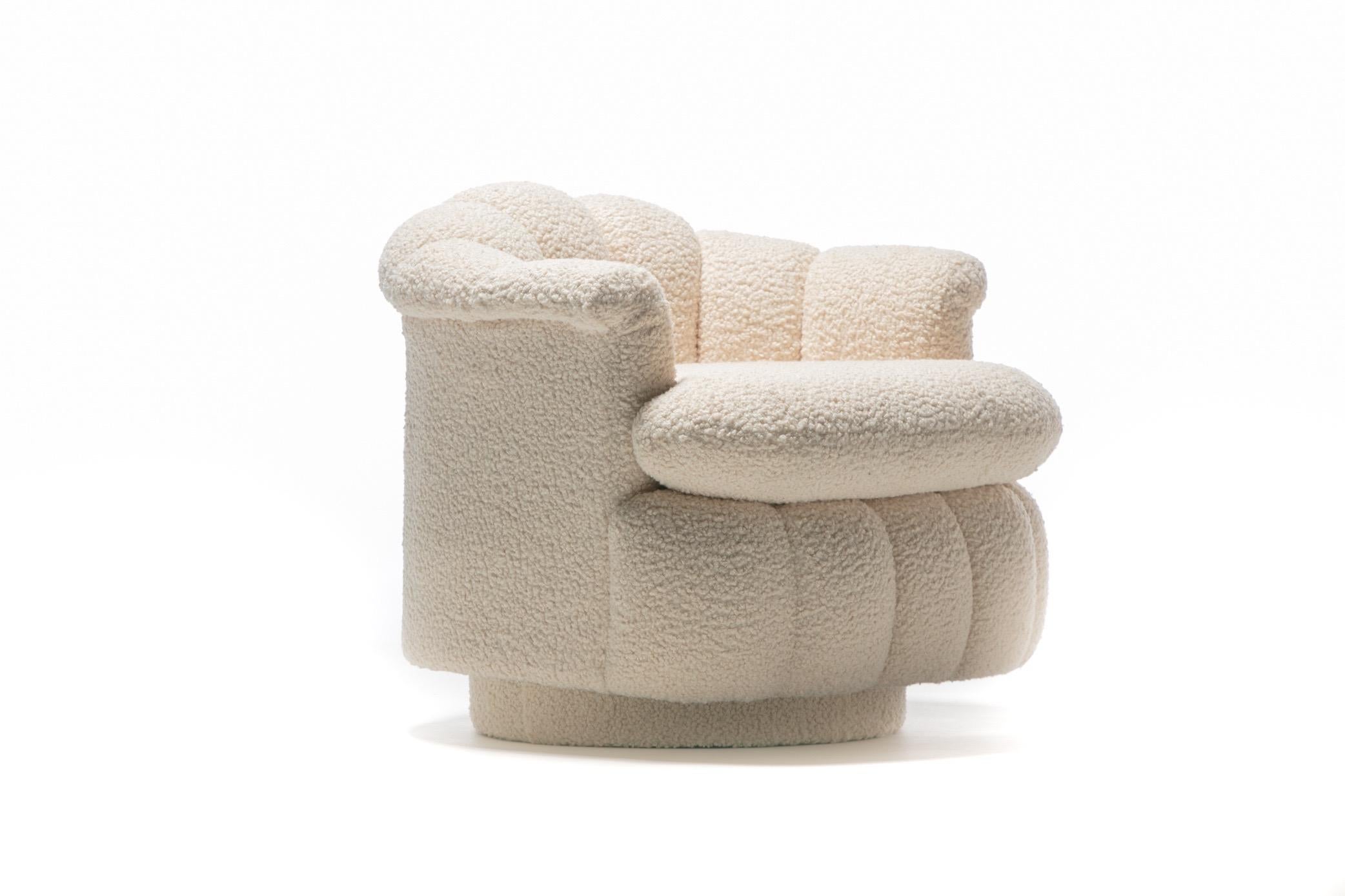Post Modern Ivory White Bouclé Clam Shell Swivel Lounge Chairs For Sale 1