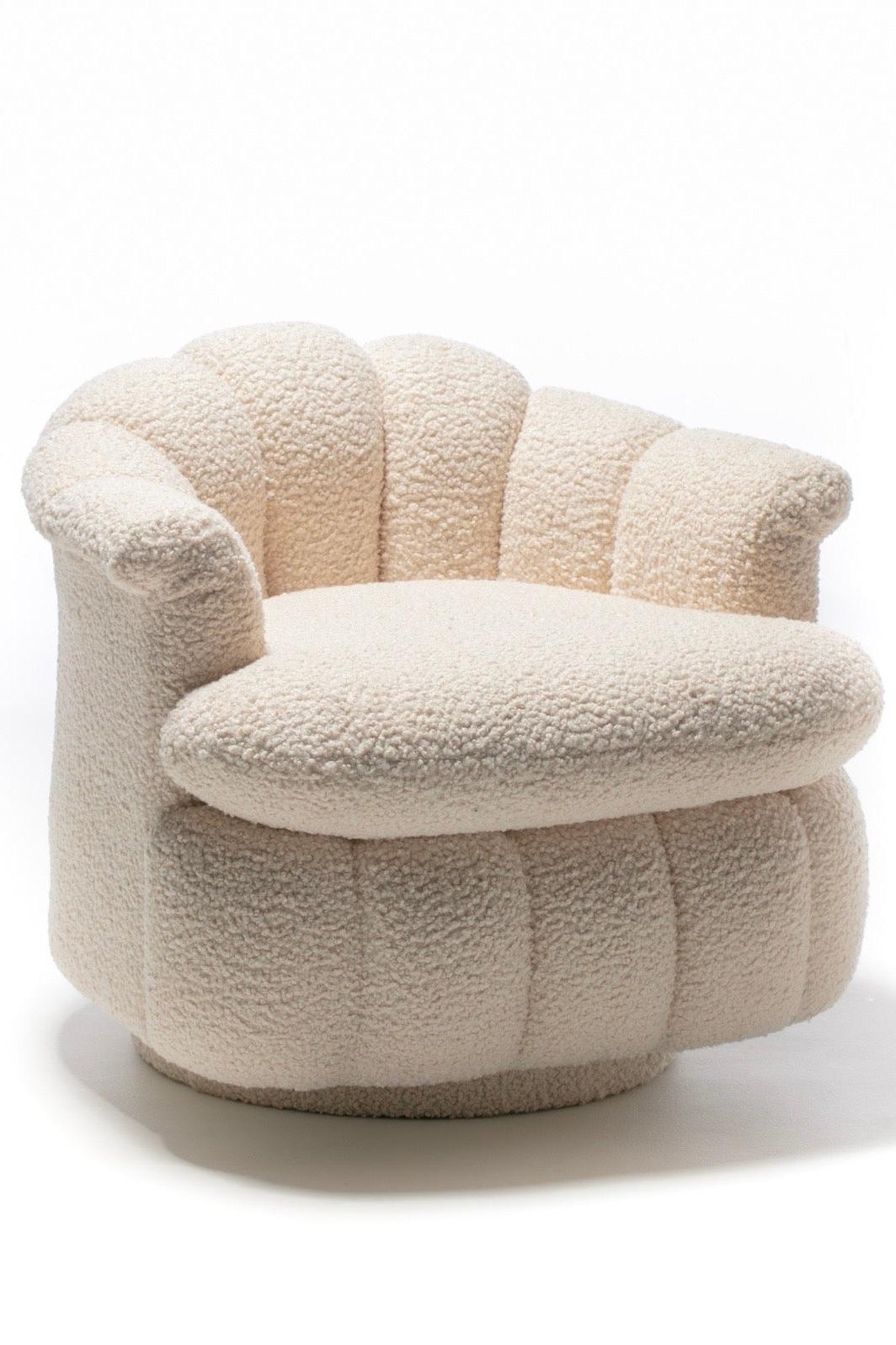 Post Modern Ivory White Bouclé Clam Shell Swivel Lounge Chairs For Sale 2