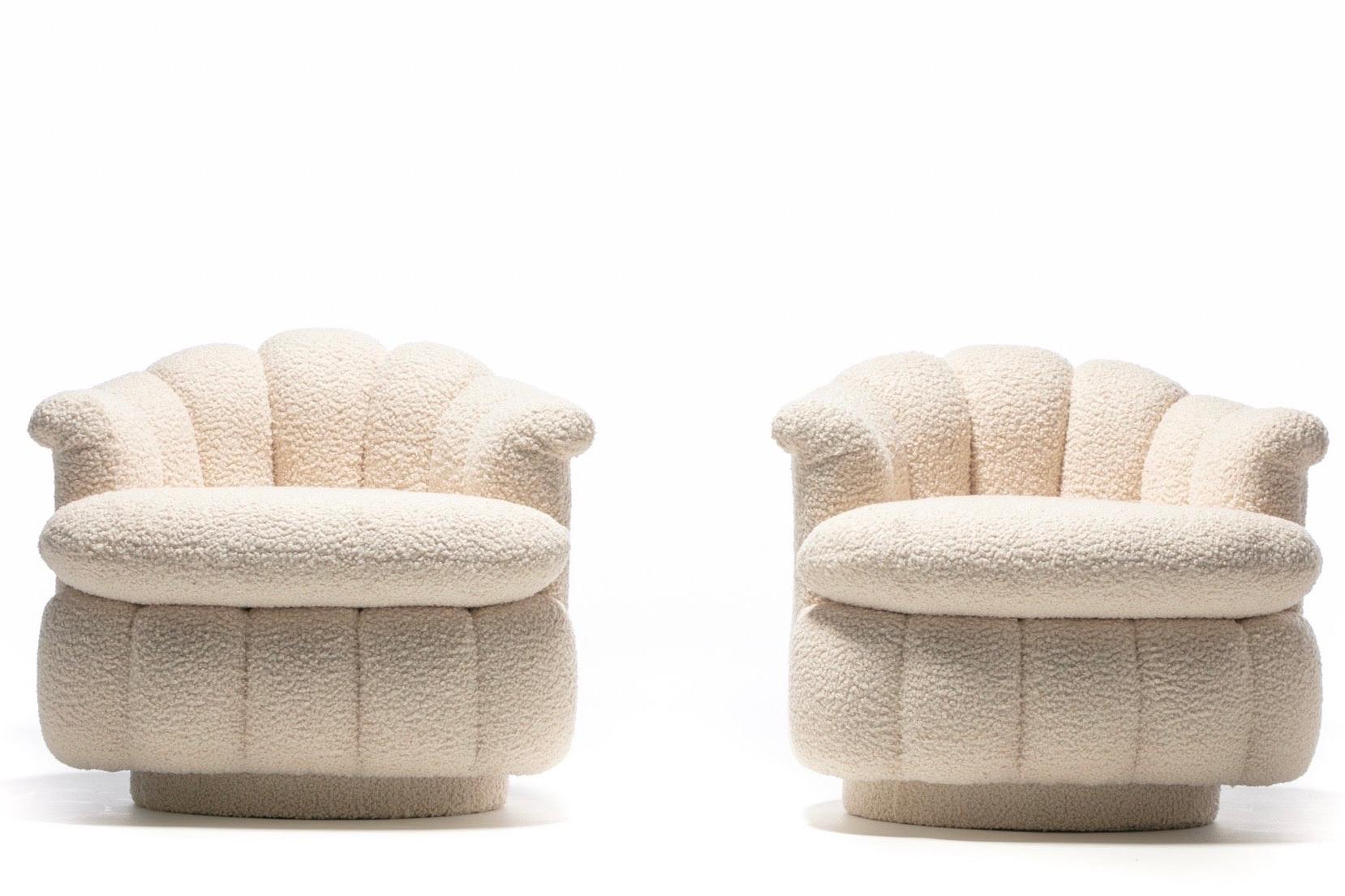 Post Modern Ivory White Bouclé Clam Shell Swivel Lounge Chairs For Sale 6