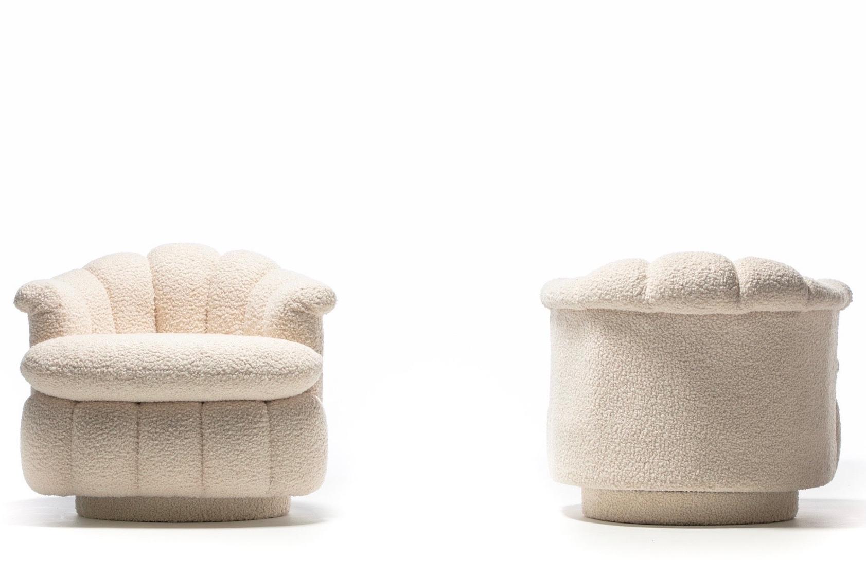Post Modern Ivory White Bouclé Clam Shell Swivel Lounge Chairs For Sale 7