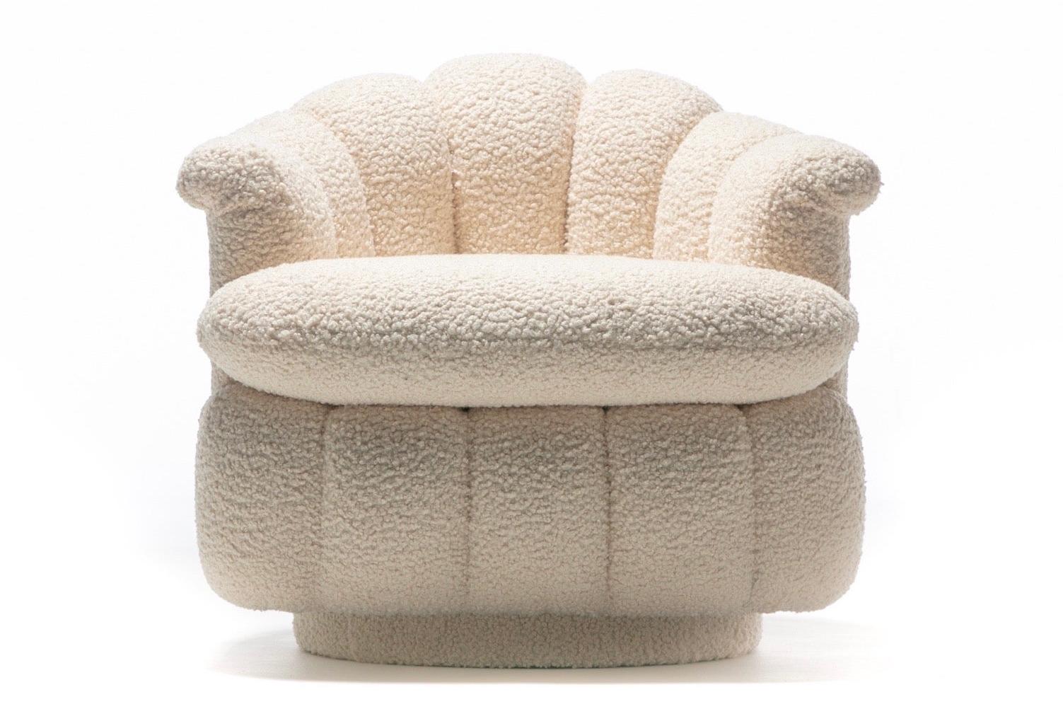 Post-Modern Post Modern Ivory White Bouclé Clam Shell Swivel Lounge Chairs For Sale