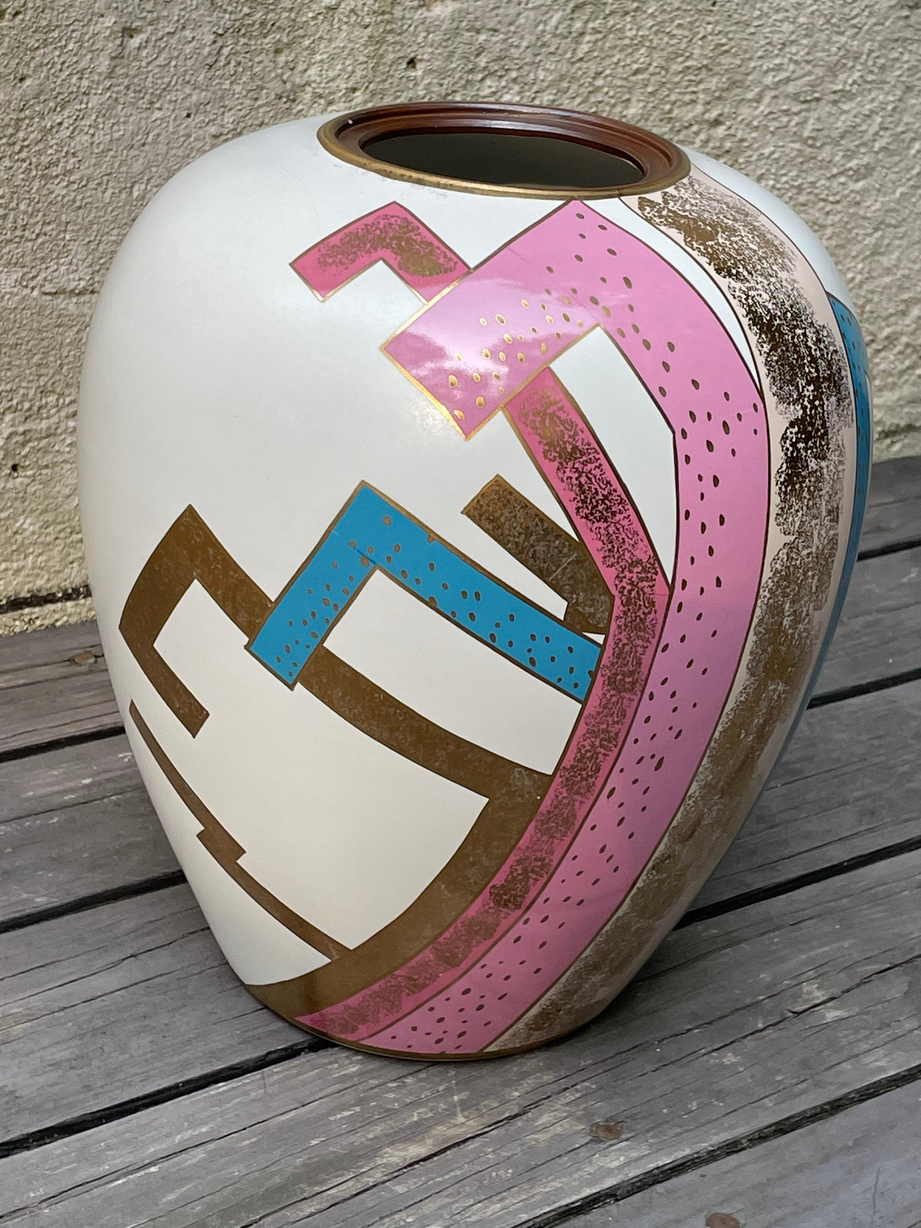 Post-Modern Post Modern Japanese Ceramic Porcelain Planter Vase, Colorful Geometric Pattern For Sale