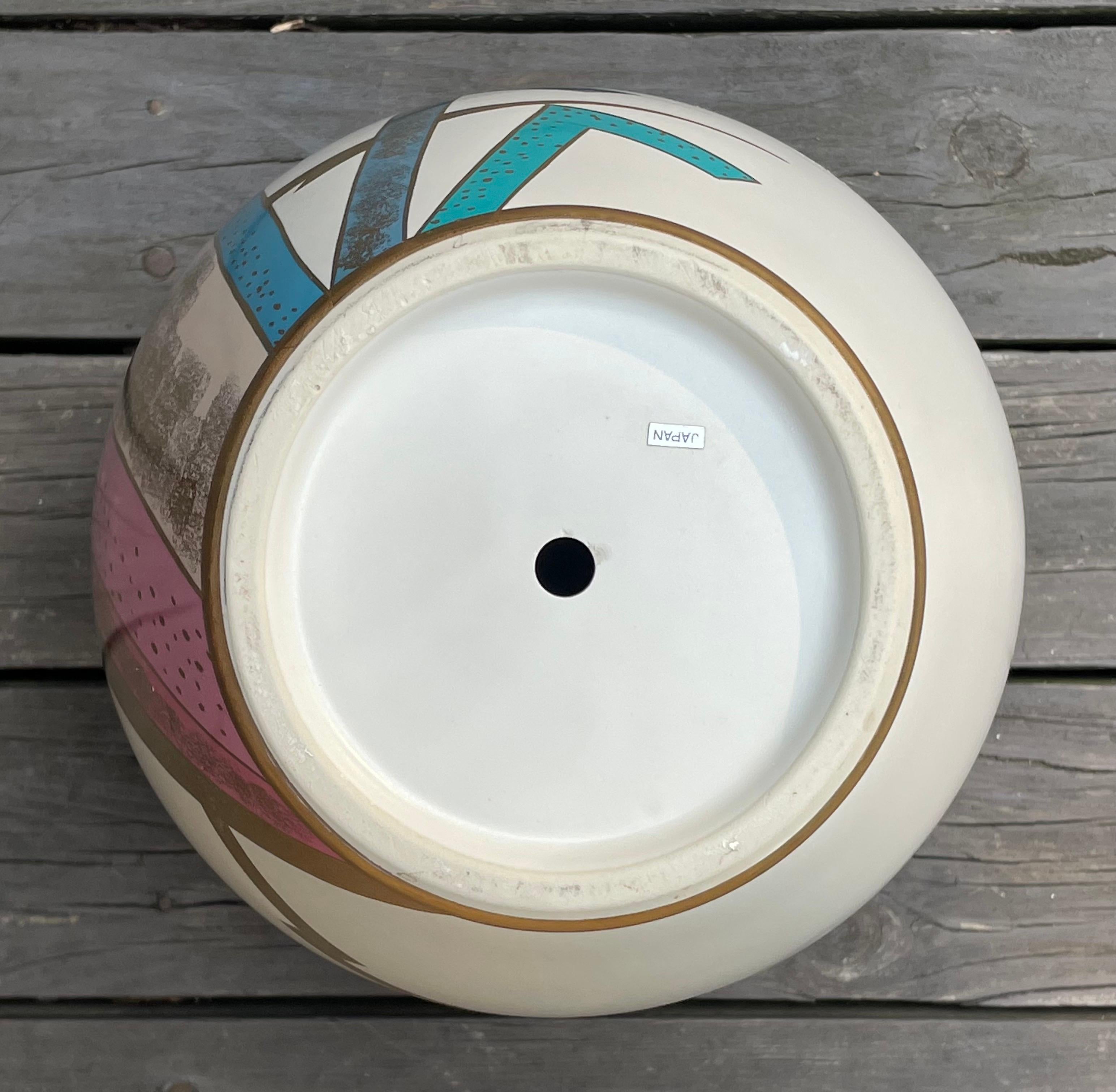 Late 20th Century Post Modern Japanese Ceramic Porcelain Planter Vase, Colorful Geometric Pattern For Sale