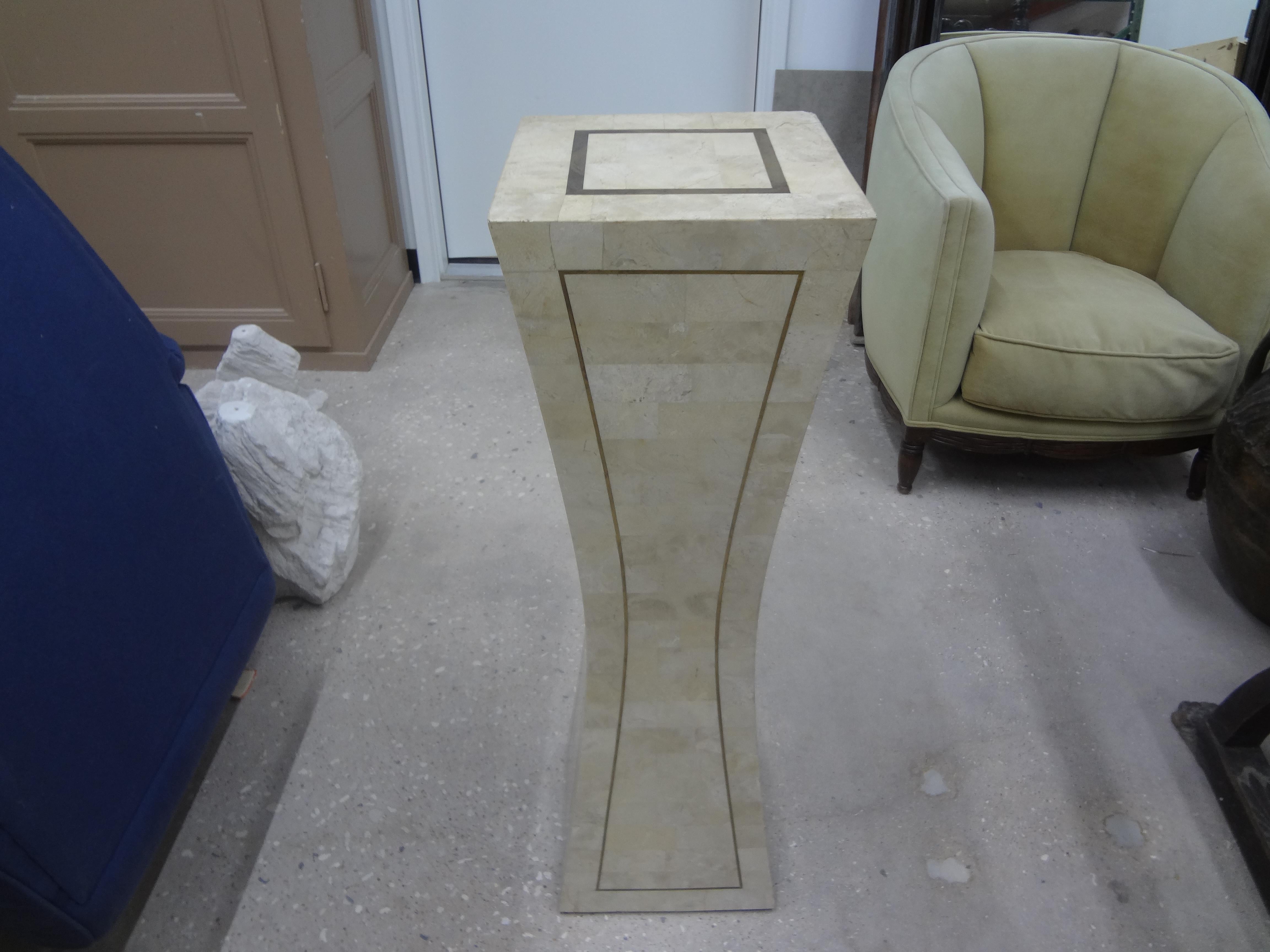 Post-Modern Large Tessellated Stone and Brass Pedestal For Sale