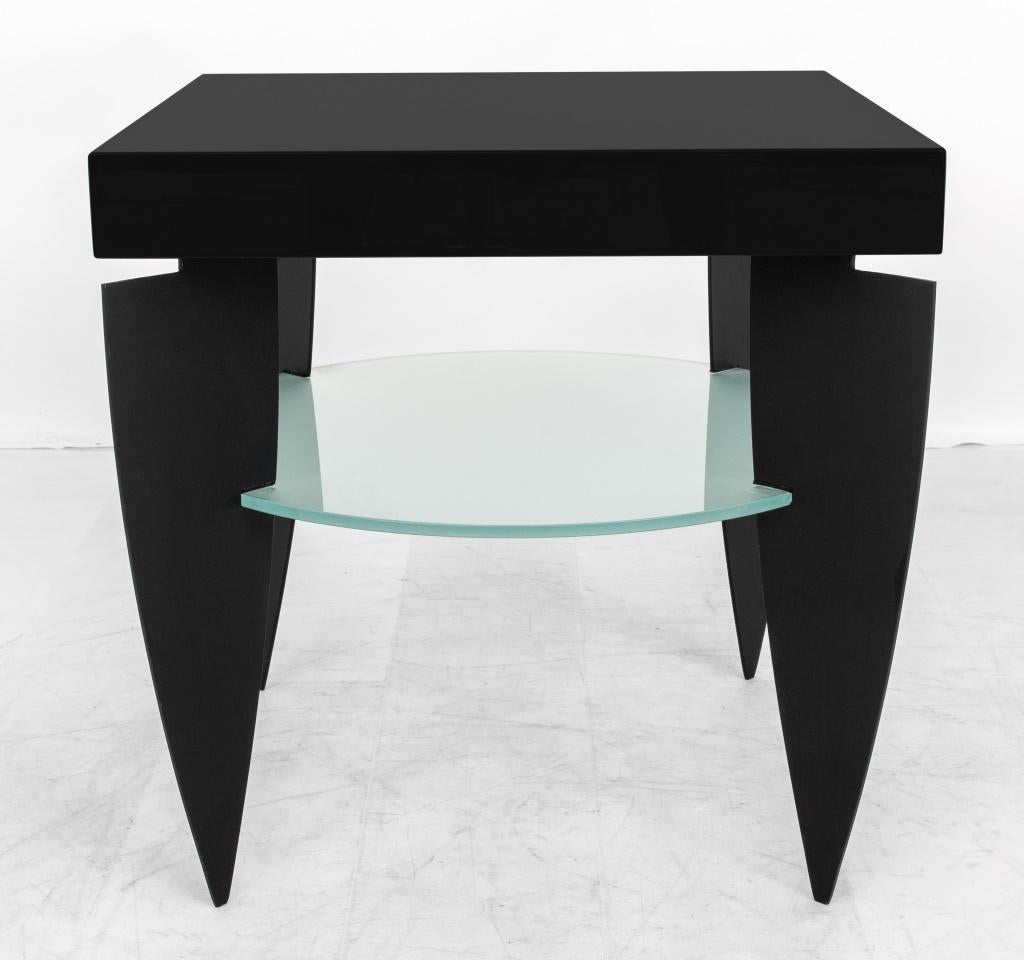 Post modern black lacquer and glass occasional table, with square top and angled legs with frosted glass under tier. 

Dealer: S138XX