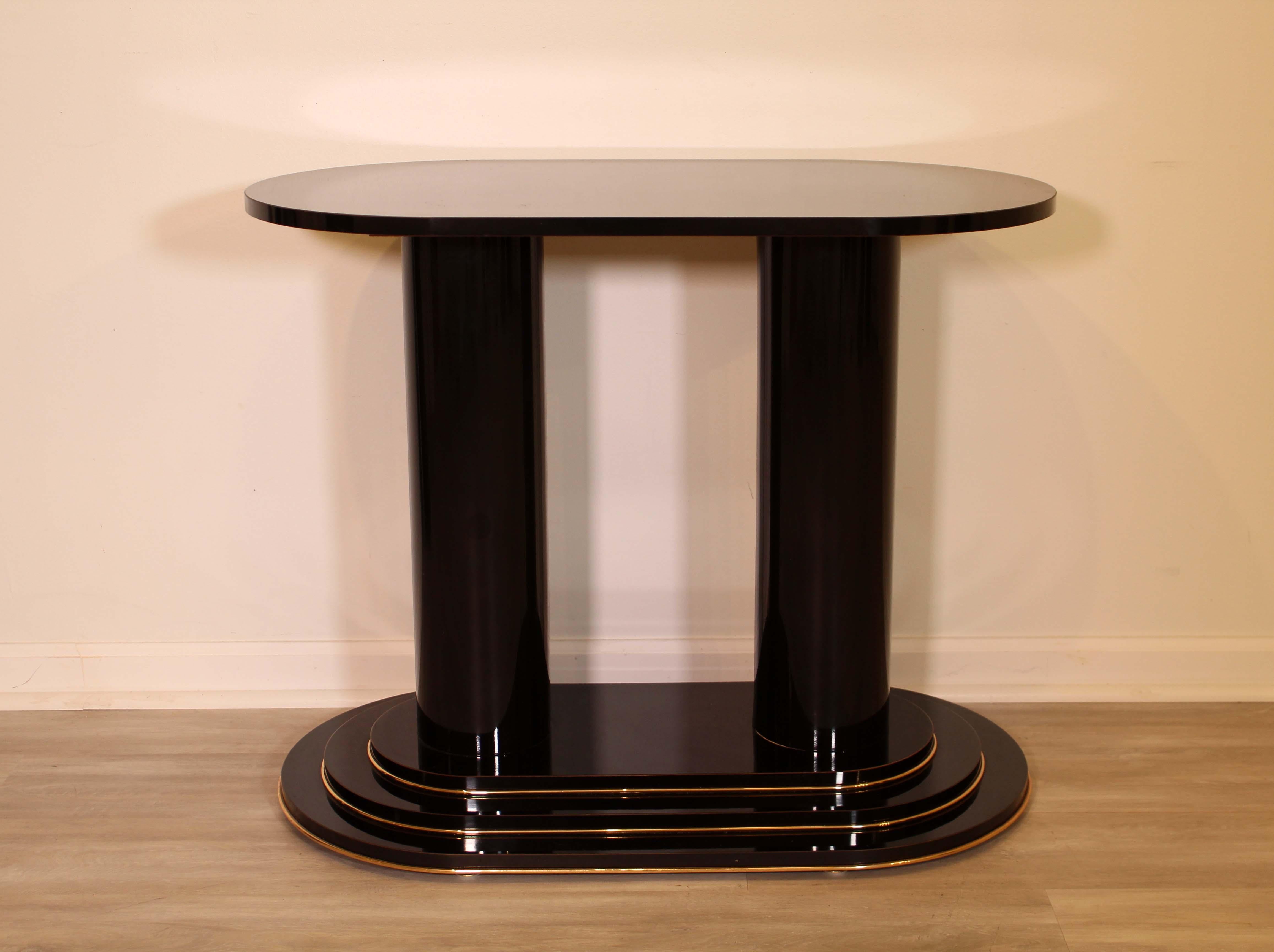 20th Century Post Modern Lacquer Black and Brass Console Sofa Table