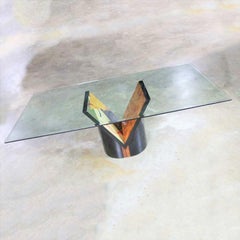 Postmodern Lacquered Burl V Base Glass Top Dining Table Style Costantini, Ello