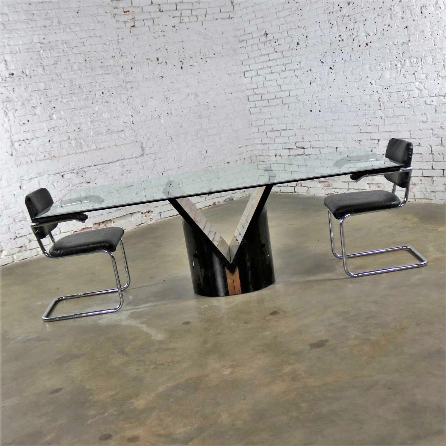 Postmodern Lacquered Burl V Base Glass Top Dining Table Style Costantini, Ello 4