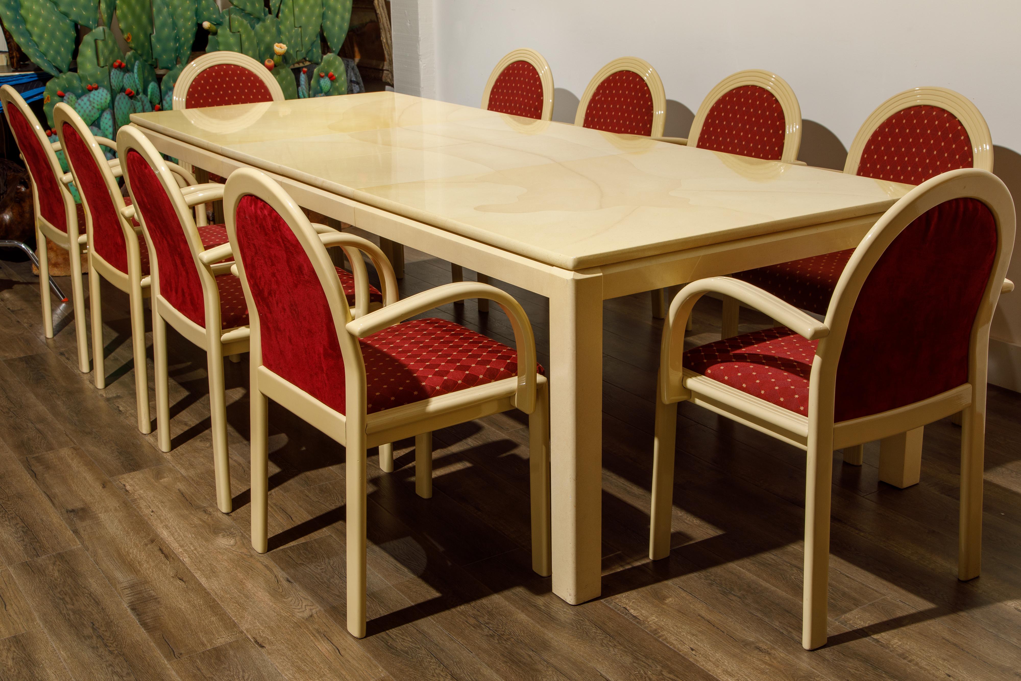 Post-Modern Lacquered Goatskin Dining Set with Ten Chairs, 1970s Italy, Signed 11