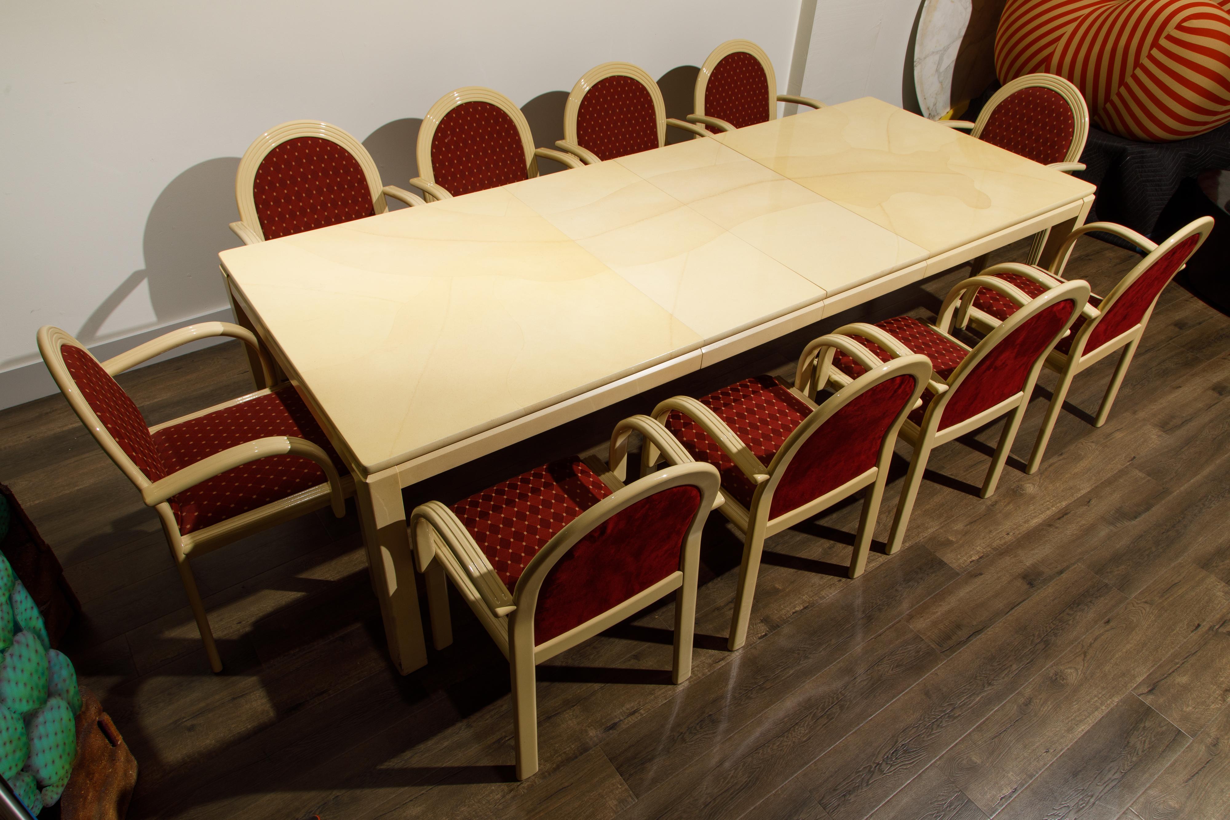 Post-Modern Lacquered Goatskin Dining Set with Ten Chairs, 1970s Italy, Signed 12