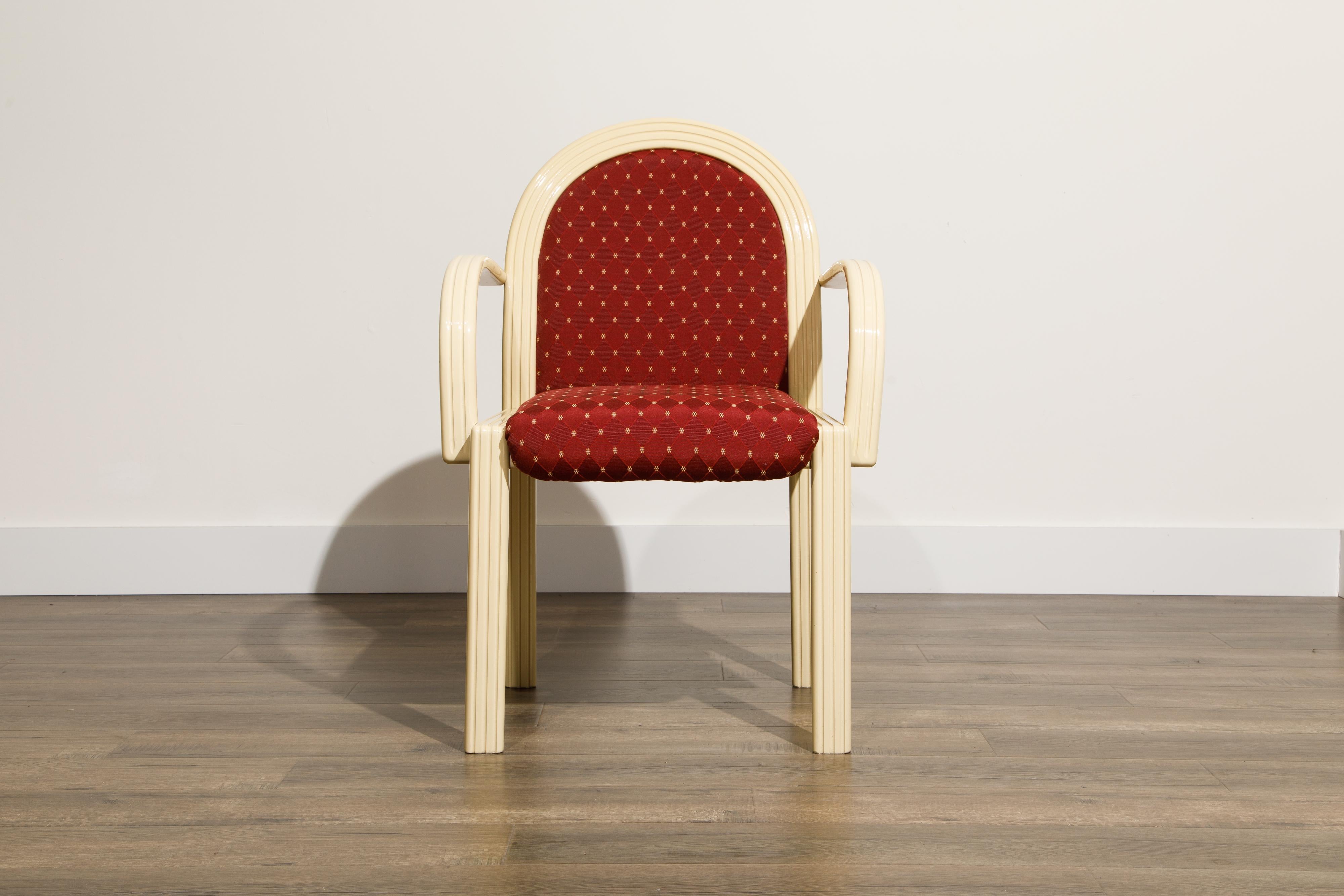 Such incredible vintage detail in this large expandable rectangular dining table and ten (10) dining chairs in the style of Steve Chase and French designer Jean Claude Mahey (J.C. Mahey).  Designed and crafted in the late 1970s to early 1980s in