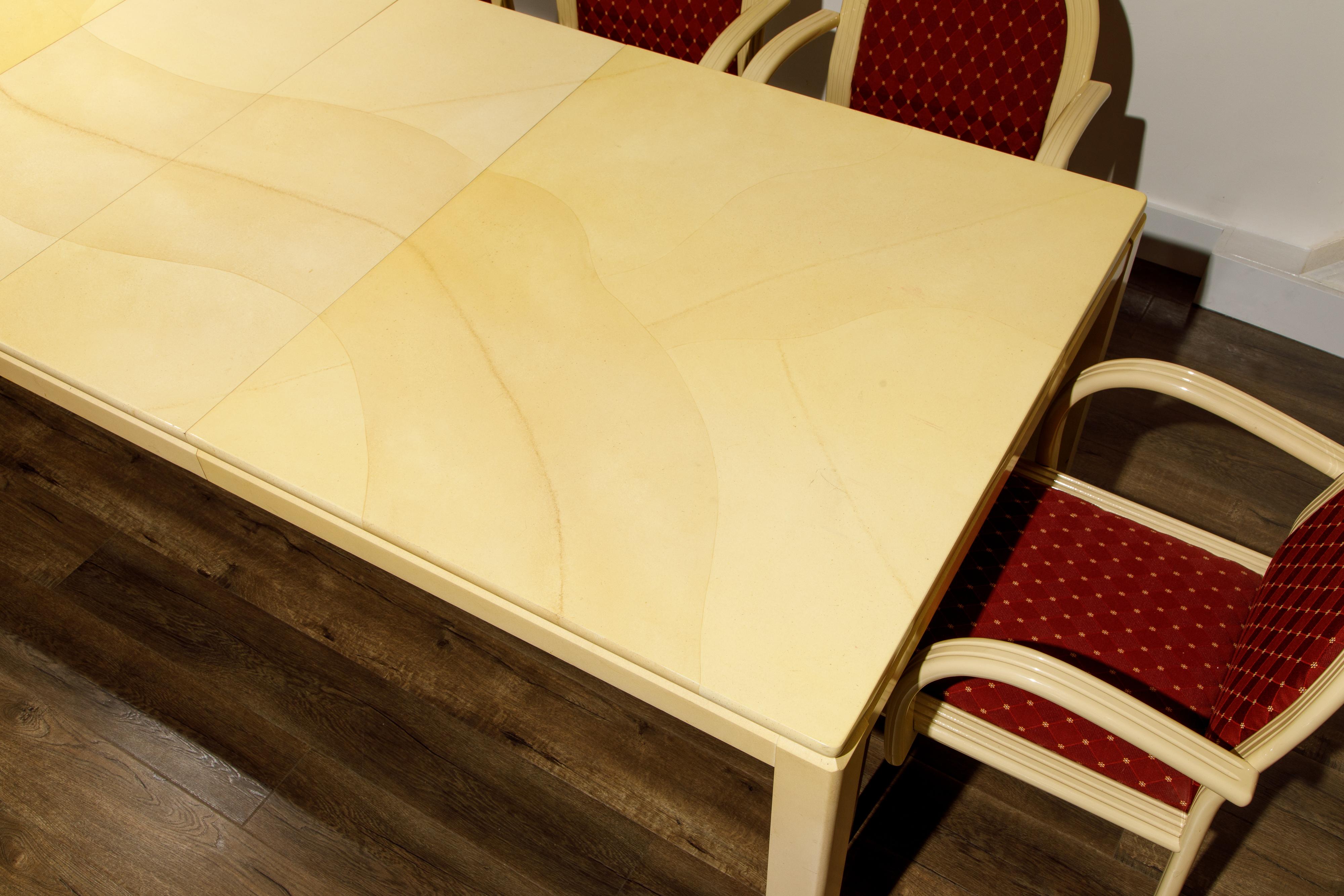 Post-Modern Lacquered Goatskin Dining Set with Ten Chairs, 1970s Italy, Signed 14