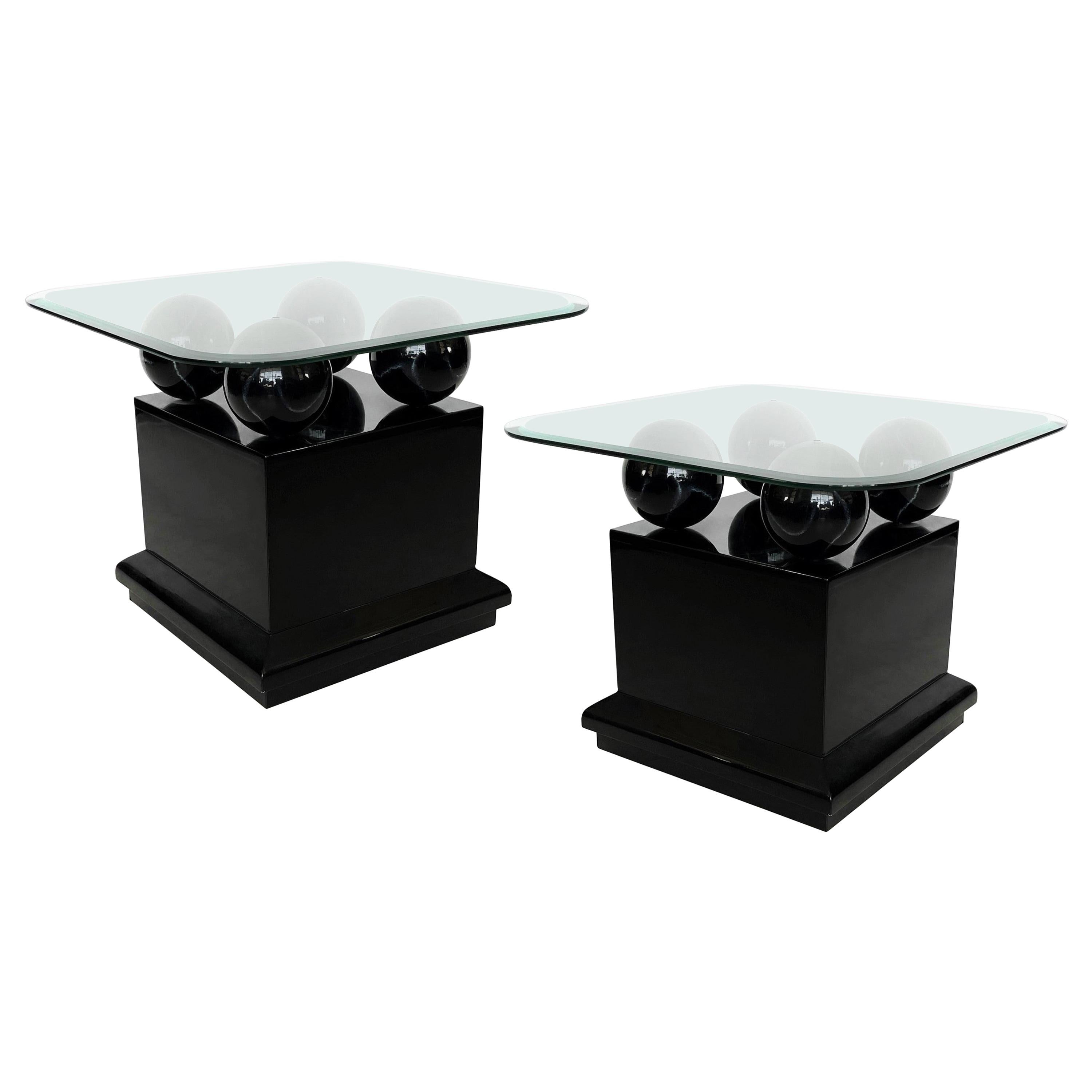 Postmodern Lacquered Side/End Tables with Faux Black Marble Spheres