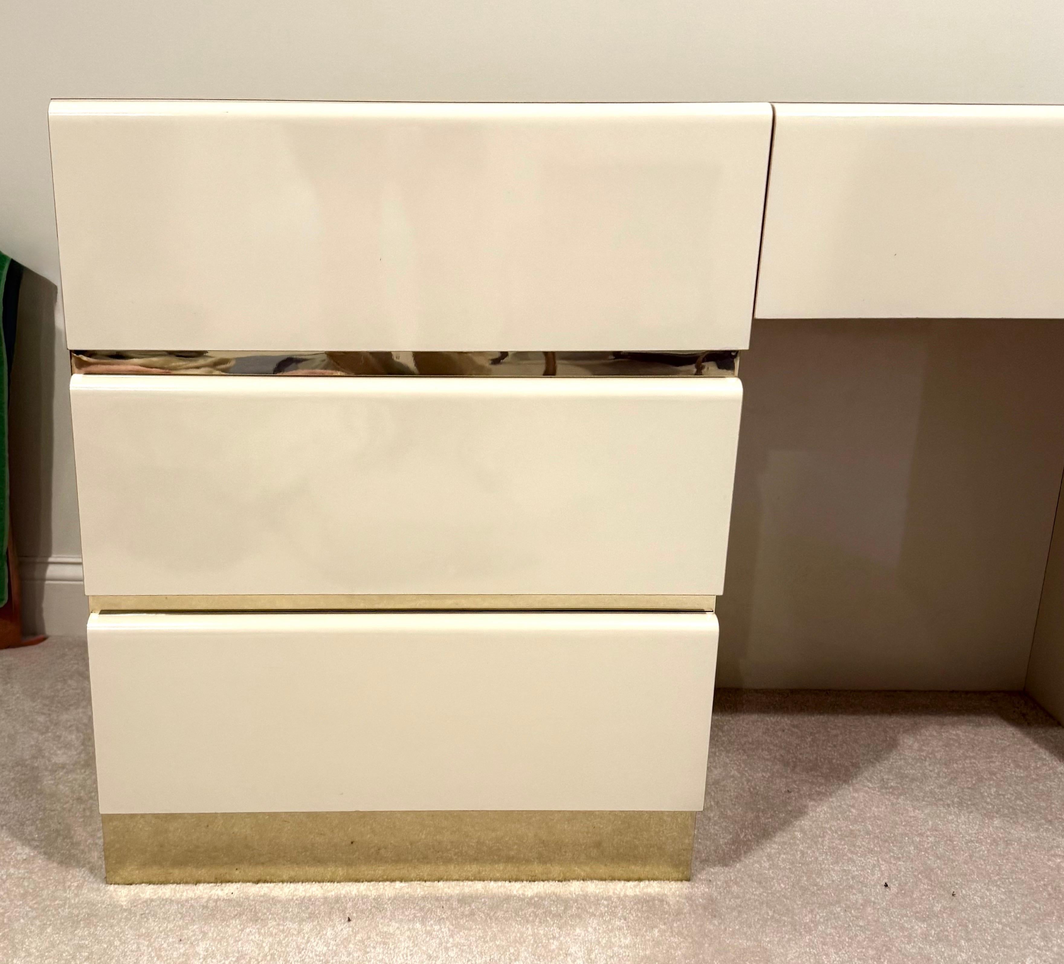 Post-Modern Post Modern Lacquered Writing Desk Table Vanity with Brass Accents For Sale
