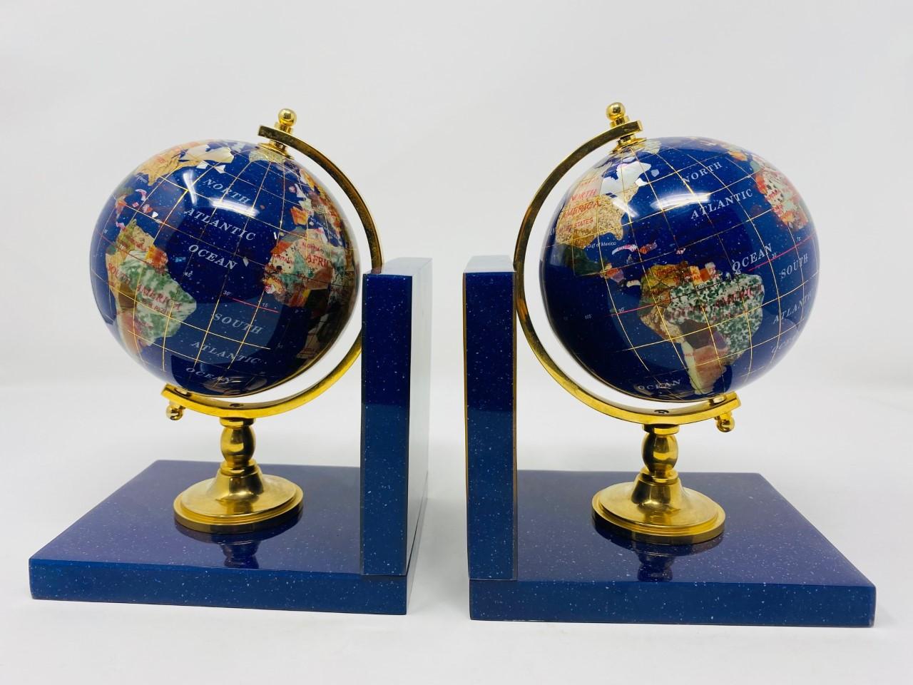 Post Modern Lapis Gemstone Revolving World Globe Bookends 2