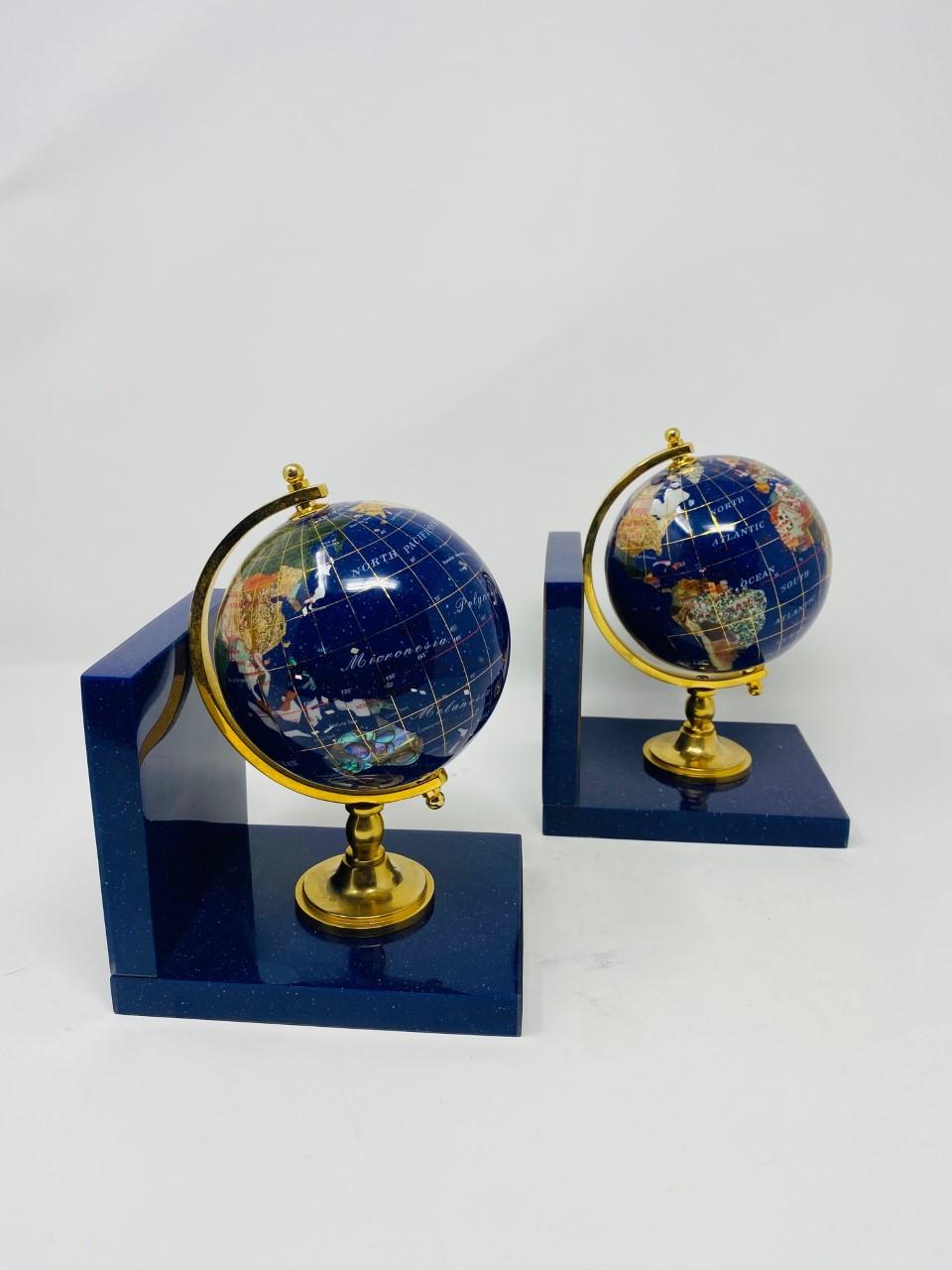 Post Modern Lapis Gemstone Revolving World Globe Bookends 3