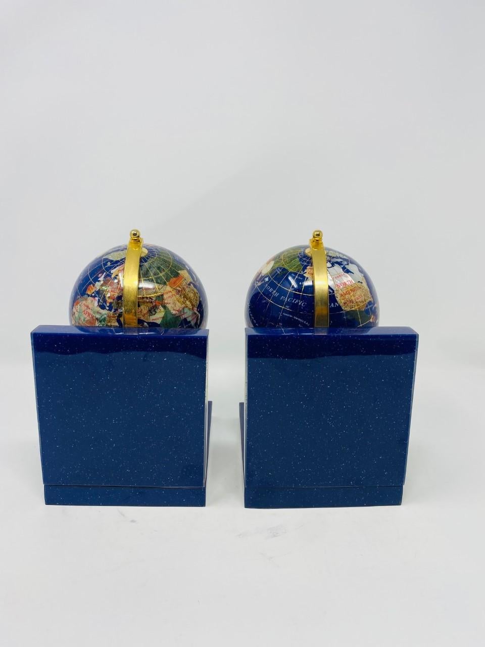 Post Modern Lapis Gemstone Revolving World Globe Bookends 5
