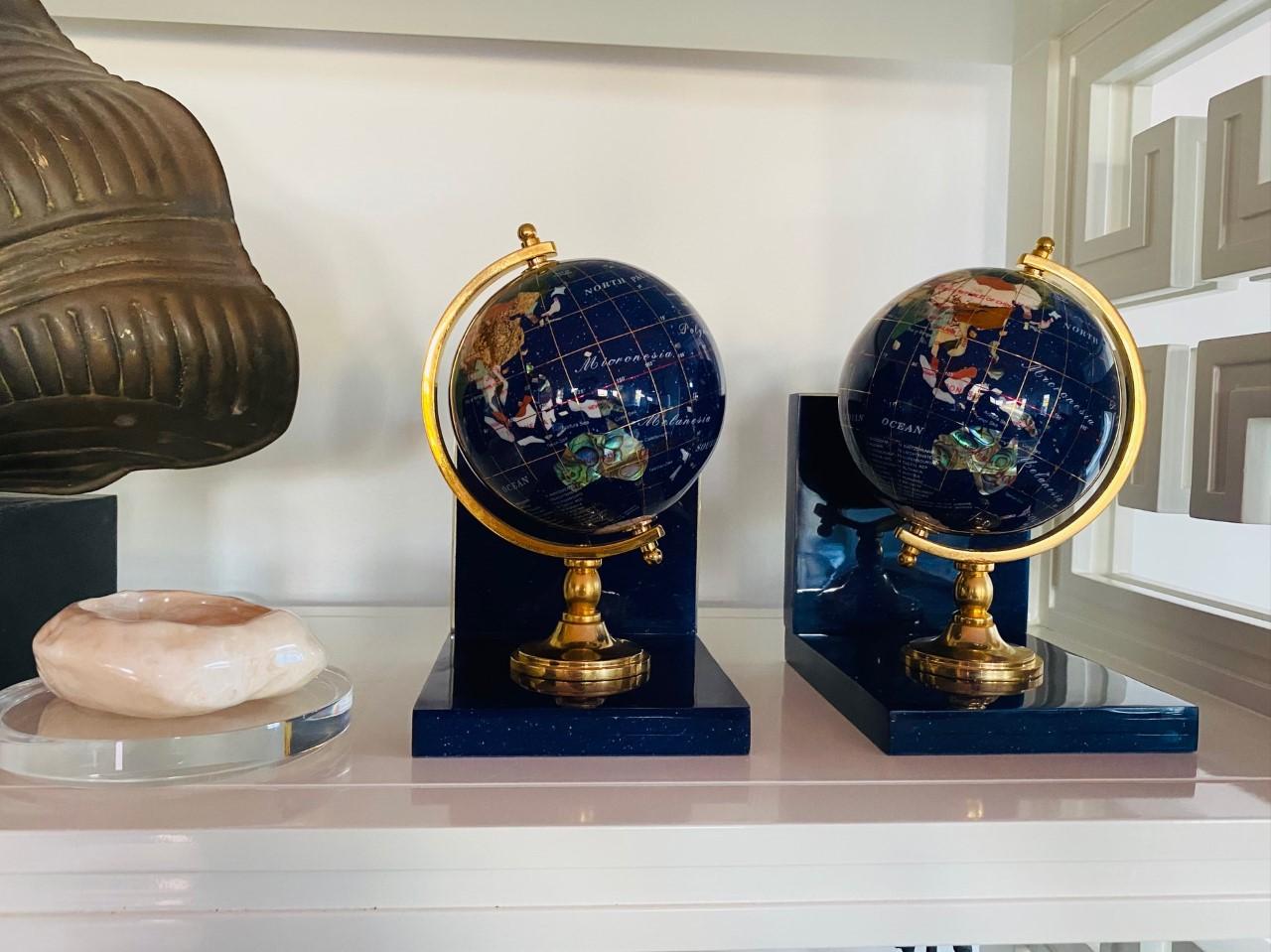 Post Modern Lapis Gemstone Revolving World Globe Bookends 8