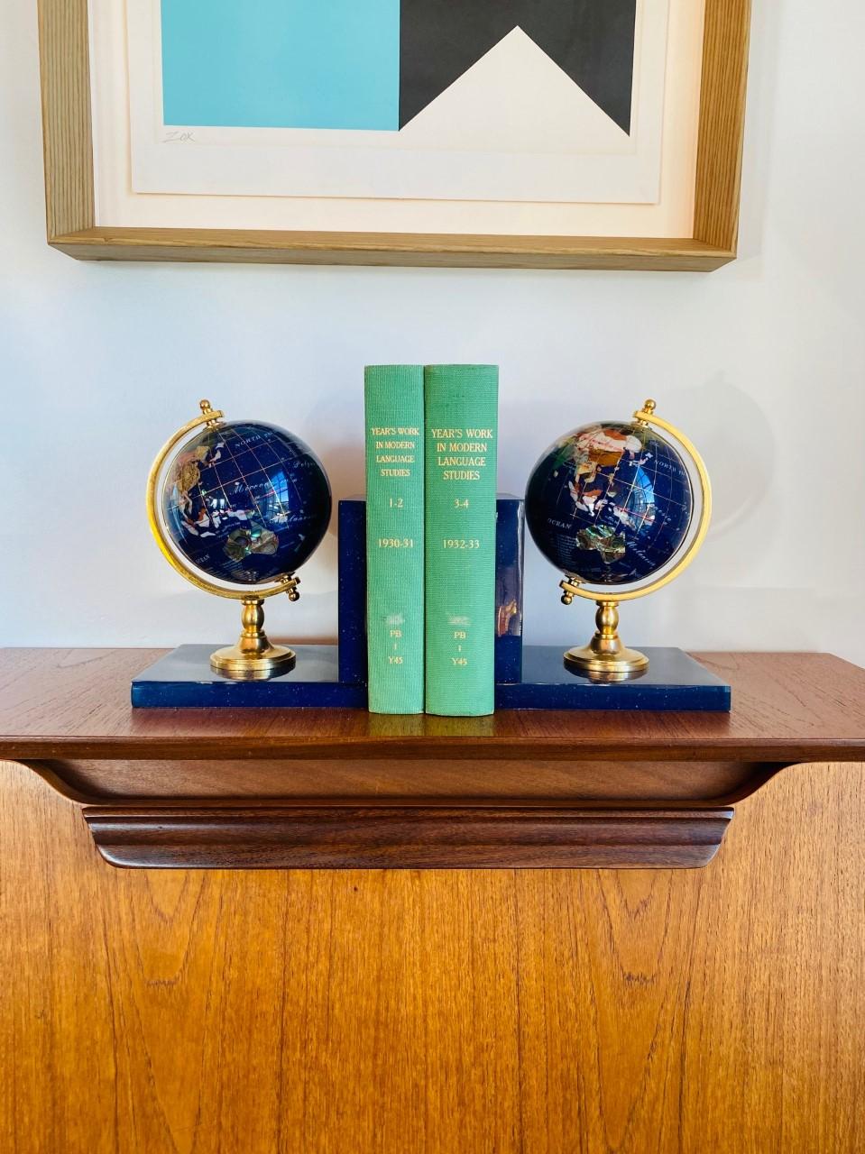Post Modern Lapis Gemstone Revolving World Globe Bookends 9