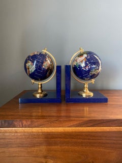 Post Modern Lapis Gemstone Revolving World Globe Bookends