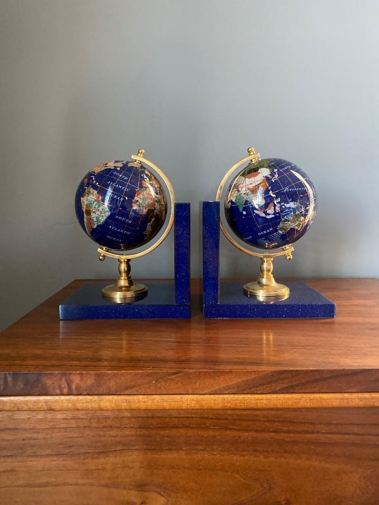 Post Modern Lapis Gemstone Revolving World Globe Bookends For Sale at 1stDibs
