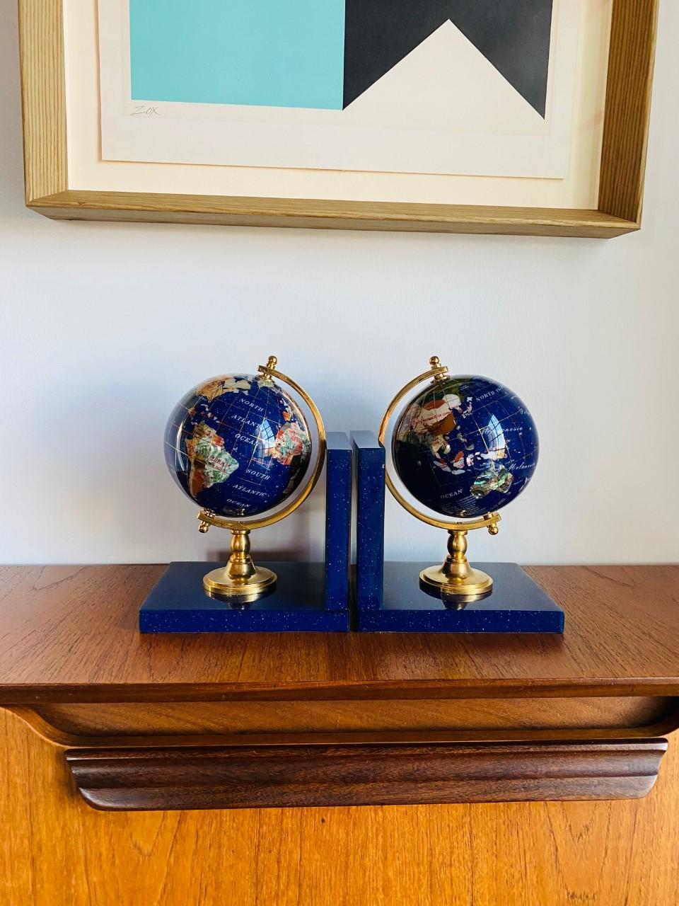 Hand-Crafted Post Modern Lapis Gemstone Revolving World Globe Bookends