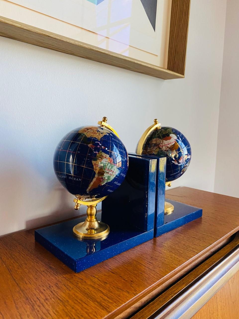 Post Modern Lapis Gemstone Revolving World Globe Bookends In Good Condition In San Diego, CA