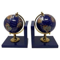 Post Modern Lapis Gemstone Revolving World Globe Bookends
