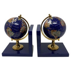 Vintage Post Modern Lapis Gemstone Revolving World Globe Bookends