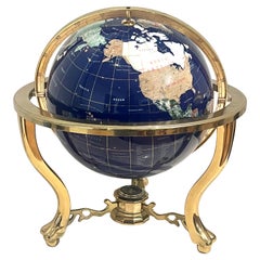 Post Modern Lapis & Gemstone Revolving World Globe on Brass Stand & Compass