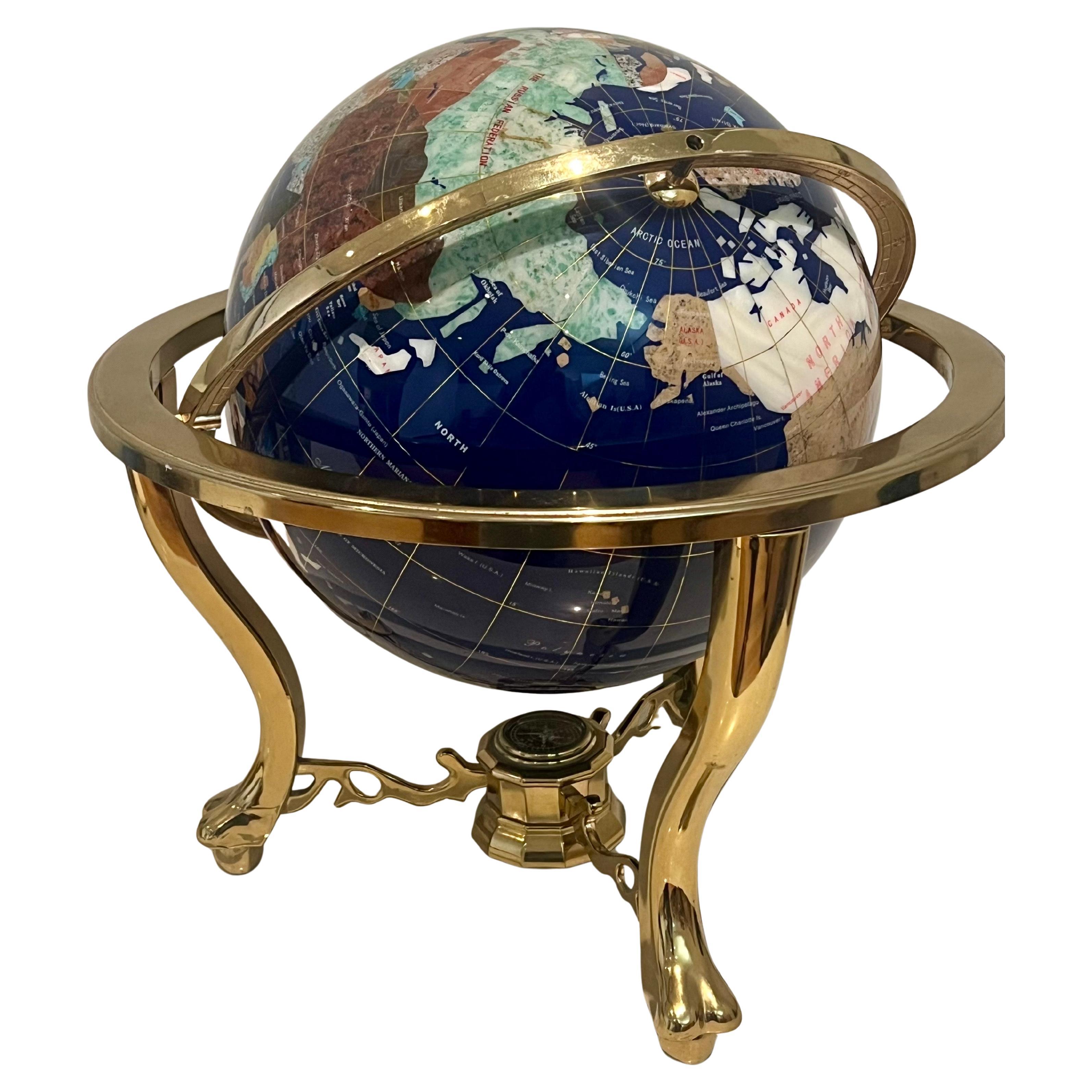 Post-Modern Post Modern Lapis & Gemstone Revolving World Globe on Brass Stand & Compass For Sale