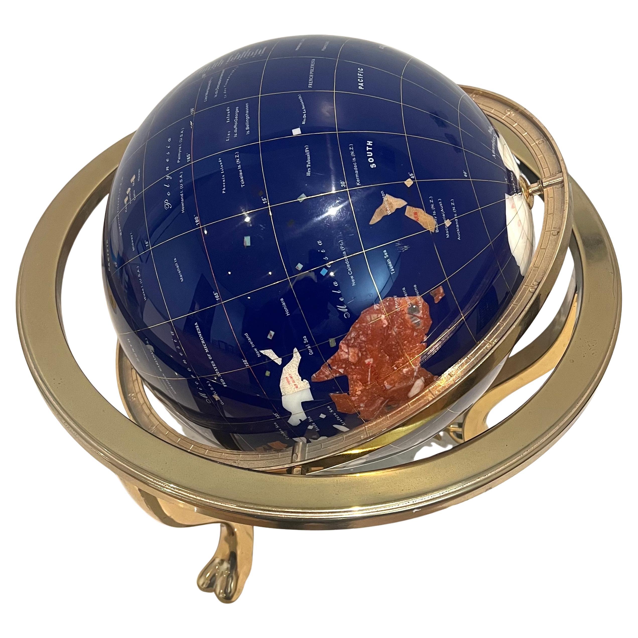 Afghan Post Modern Lapis & Gemstone Revolving World Globe on Brass Stand & Compass For Sale